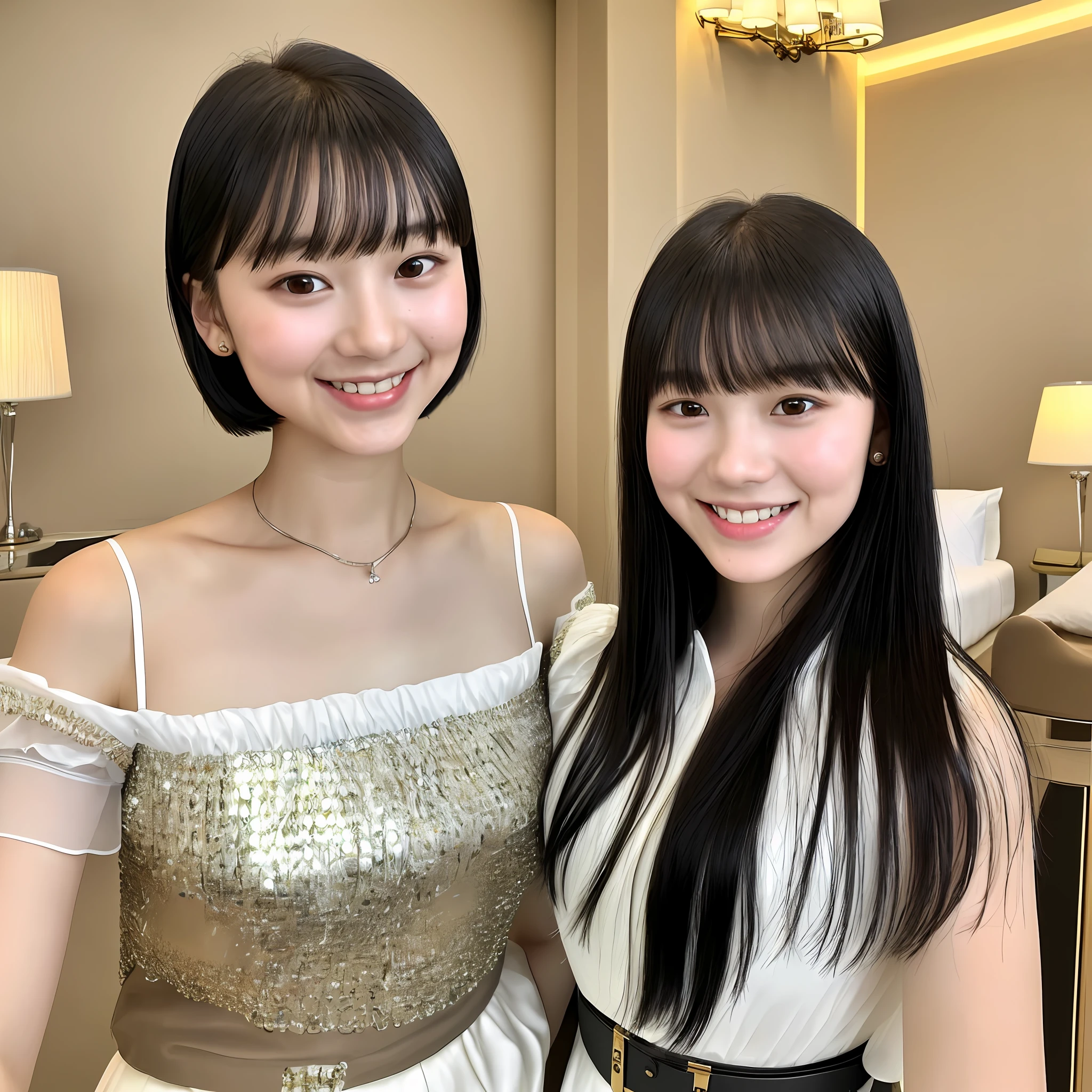 {{{Masterpiece}}} Black hair, short hair (((s old)), clear face, clear eyes, perfect anatomy, light smile, bangs, dwarf upper body blouse, luxury hotel room,