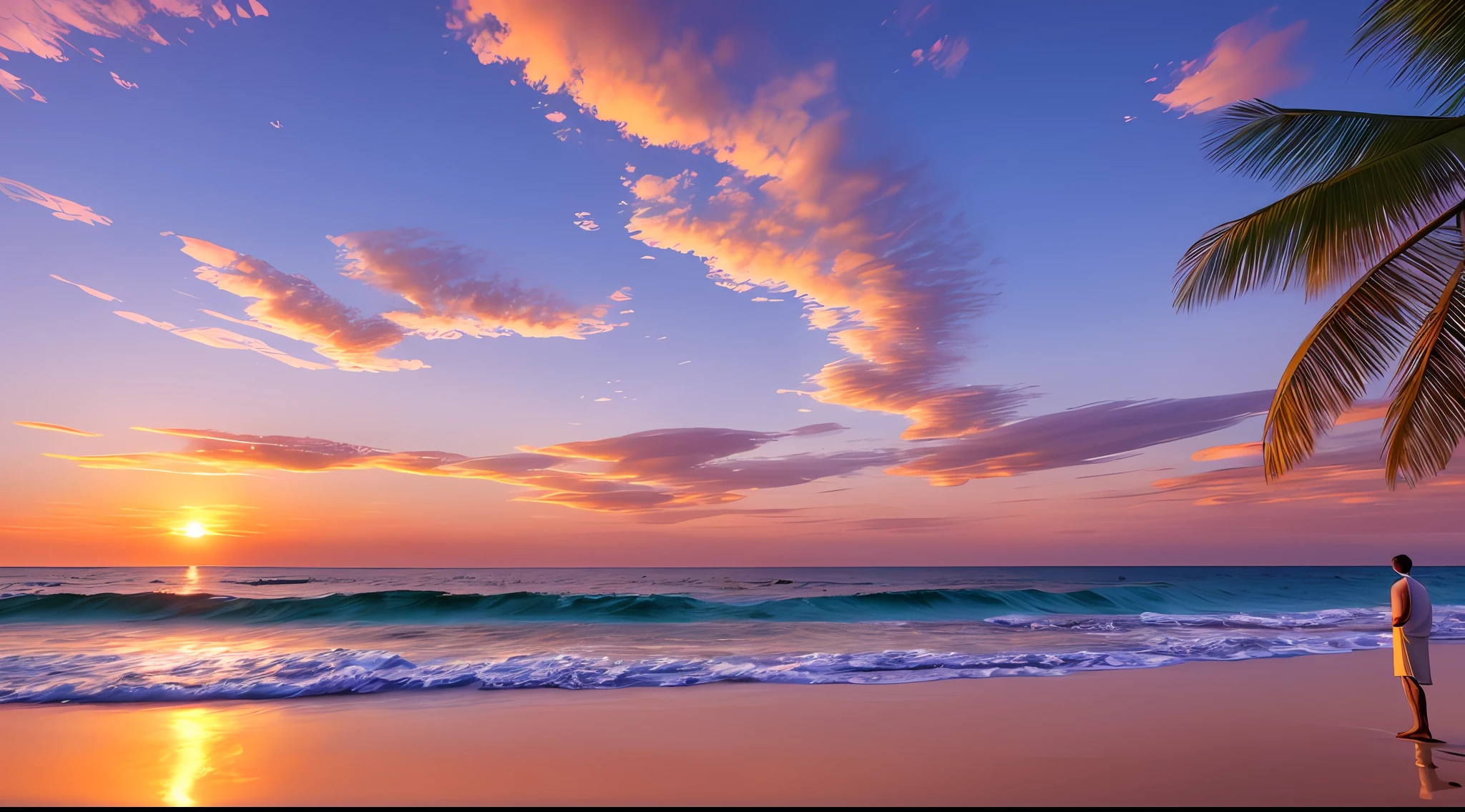 "Please generate a photo-realistic image that captures the beauty of a sunset on the horizon, as viewed from a beach. The goal is to create a picture that looks indistinguishable from a real photograph. Here are the detailed specifications:

Horizon and Sunset: The image should prominently feature a horizontal line representing the horizon, where the sky meets the ocean or beach. The sunset should be the focal point, with vibrant and warm colors that reflect the beauty of a setting sun. The hues of orange, red, and pink should blend seamlessly, creating a stunning and natural sunset gradient.

Beach View: The scene should be from the perspective of someone standing on the beach, looking out towards the ocean. The viewer should feel immersed in the environment, with the sand or pebbles visible in the foreground. Capture the sense of tranquility and relaxation associated with a beach setting.

Realism and Authenticity: Pay attention to the smallest details to make the image appear as realistic as possible. Consider the ripples on the water's surface, the subtle reflections of the sunset on the wet sand, and the way the waves gently break on the shore. These details contribute to the overall authenticity of the image.

Clouds and Sky: The sky should be a clear, deep blue, providing a vivid backdrop for the sunset. Include fluffy, white clouds scattered across the sky, adding depth and texture to the scene. The contrast between the colorful sunset and the blue sky, punctuated by the white clouds, will create a visually striking composition.

Composition: Aim for a visually pleasing composition that captures the beauty and serenity of the scene. Consider using the rule of thirds or leading lines to create balance and draw the viewer's eye towards the sunset. Experiment with different angles to find the most captivating perspective.

Please use the power of AI image generation to bring this prompt to life, creating a breathtaking photo-realistic image that embodies the me