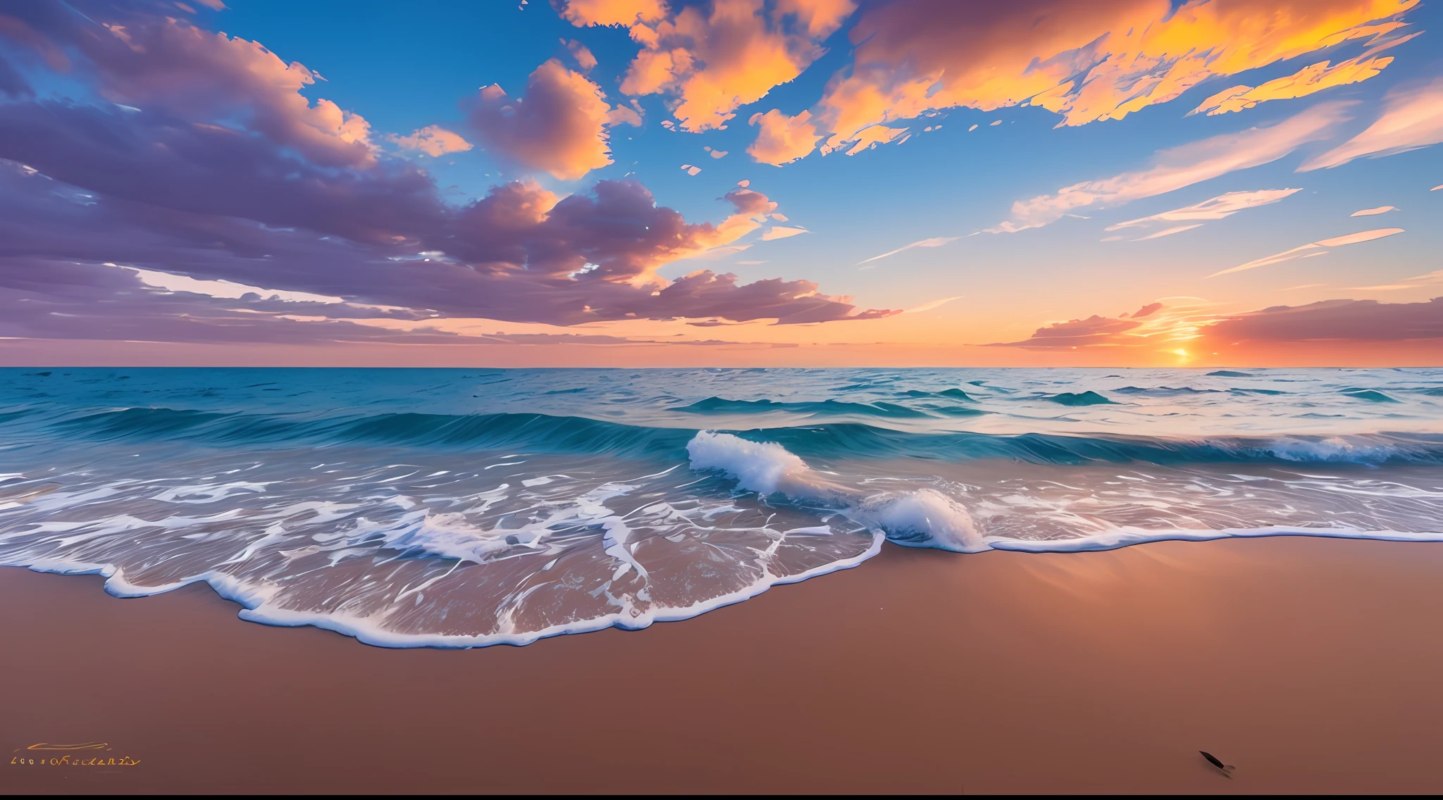 "Please generate a photo-realistic image that captures the beauty of a sunset on the horizon, as viewed from a beach. The goal is to create a picture that looks indistinguishable from a real photograph. Here are the detailed specifications:

Horizon and Sunset: The image should prominently feature a horizontal line representing the horizon, where the sky meets the ocean or beach. The sunset should be the focal point, with vibrant and warm colors that reflect the beauty of a setting sun. The hues of orange, red, and pink should blend seamlessly, creating a stunning and natural sunset gradient.

Beach View: The scene should be from the perspective of someone standing on the beach, looking out towards the ocean. The viewer should feel immersed in the environment, with the sand or pebbles visible in the foreground. Capture the sense of tranquility and relaxation associated with a beach setting.

Realism and Authenticity: Pay attention to the smallest details to make the image appear as realistic as possible. Consider the ripples on the water's surface, the subtle reflections of the sunset on the wet sand, and the way the waves gently break on the shore. These details contribute to the overall authenticity of the image.

Clouds and Sky: The sky should be a clear, deep blue, providing a vivid backdrop for the sunset. Include fluffy, white clouds scattered across the sky, adding depth and texture to the scene. The contrast between the colorful sunset and the blue sky, punctuated by the white clouds, will create a visually striking composition.

Composition: Aim for a visually pleasing composition that captures the beauty and serenity of the scene. Consider using the rule of thirds or leading lines to create balance and draw the viewer's eye towards the sunset. Experiment with different angles to find the most captivating perspective.

Please use the power of AI image generation to bring this prompt to life, creating a breathtaking photo-realistic image that embodies the me