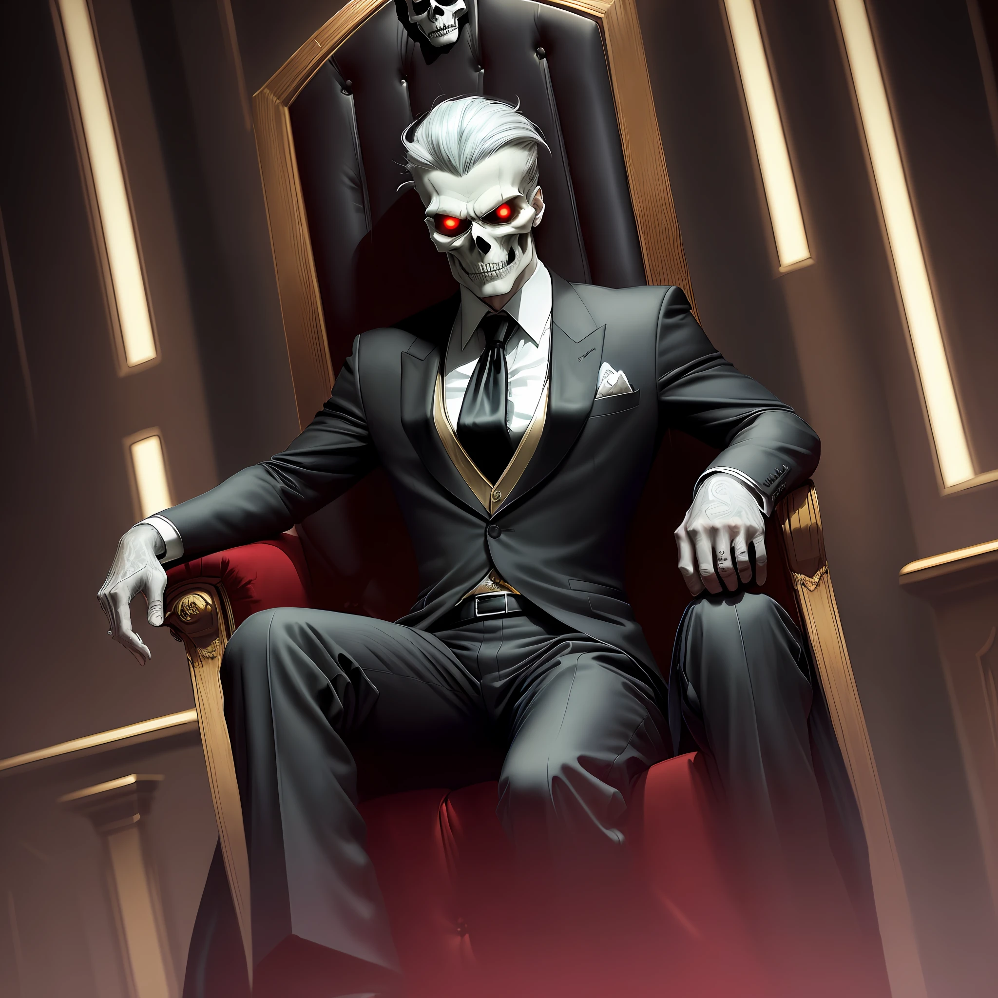 (dynamic pose:1.3) Man in suit sitting in a chair with a skull on his head, in style the demon seated, skeleton in a suit, lord of hell on the throne, portrait of the sinister teacher, epic portrait of menacing, the king of death, corporate boss, sinister and elegant, beautiful male god of death, he is very menacing and evil (dof:1.4)