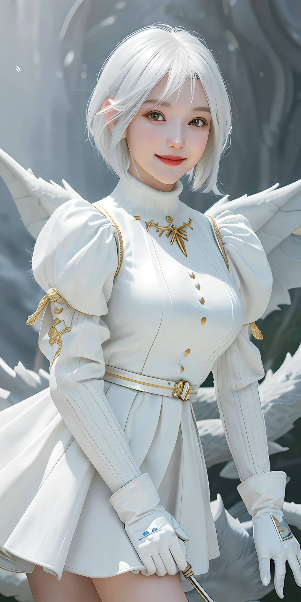 Full body, white hair, ((Dragoon: 1.2)), blunt head, masterpiece, best quality, official art, extremely detailed CG unity 8k wallpaper, 1 girl, super high resolution, (realism: 1.4), gold Slot Lighting, Sweater Dress, (Upper Body), ( Sal: 1), (Platinum Short Hair: 0.8), ((Puffy Eyes)), Looking at Viewer, Facing Front, Smiling, Laughing, Medium Breasts, Top, gloves, short hair,