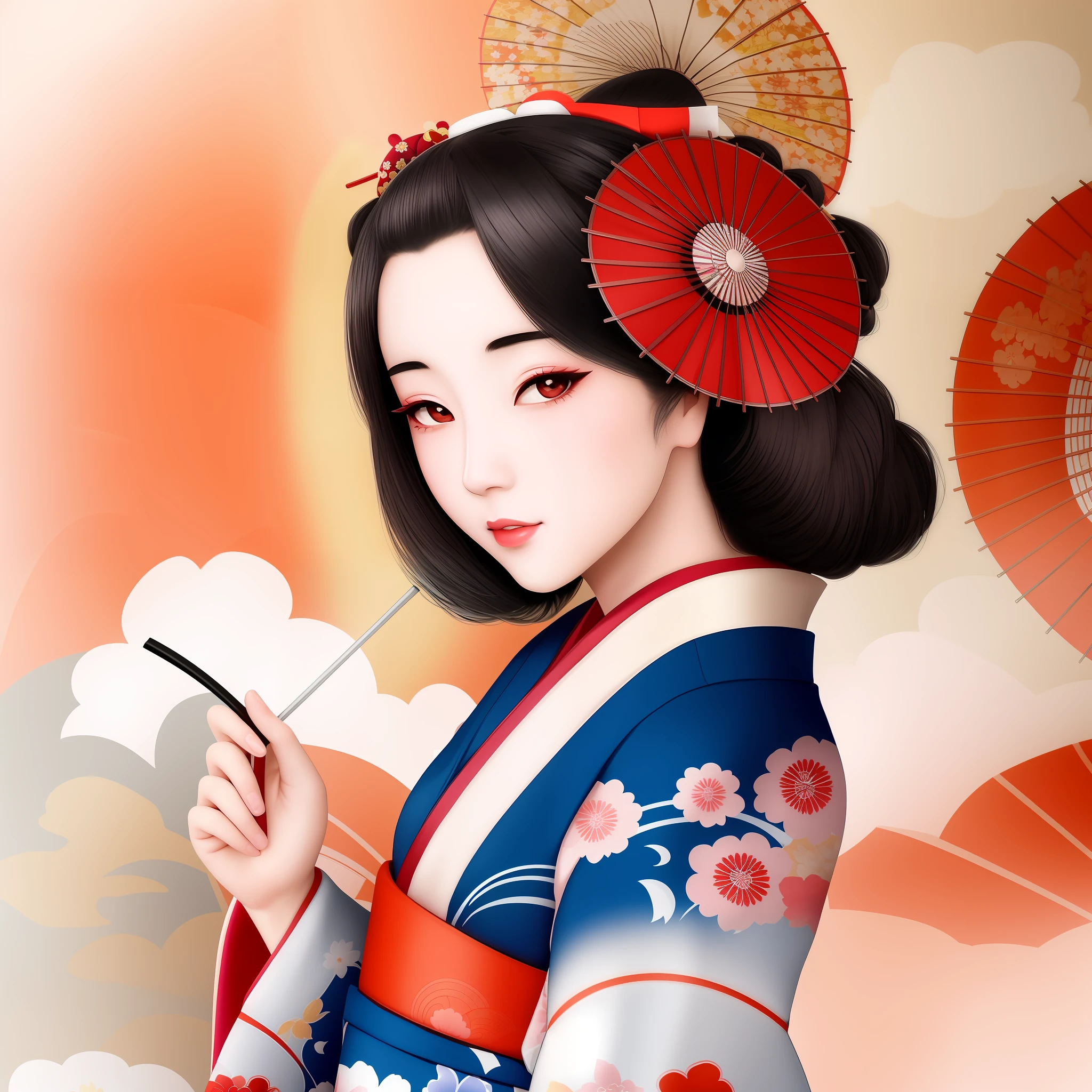 arafed woman in kimono with a fan and a flowered umbrella, japanese art style, japanese art, japanese geisha, beauty geisha, geisha, japanese art art, japanese illustrator, japanese art on behance, in the art style of ukiyo - e, trending on artstration, inspired by Uemura Shōen, portrait of geisha
