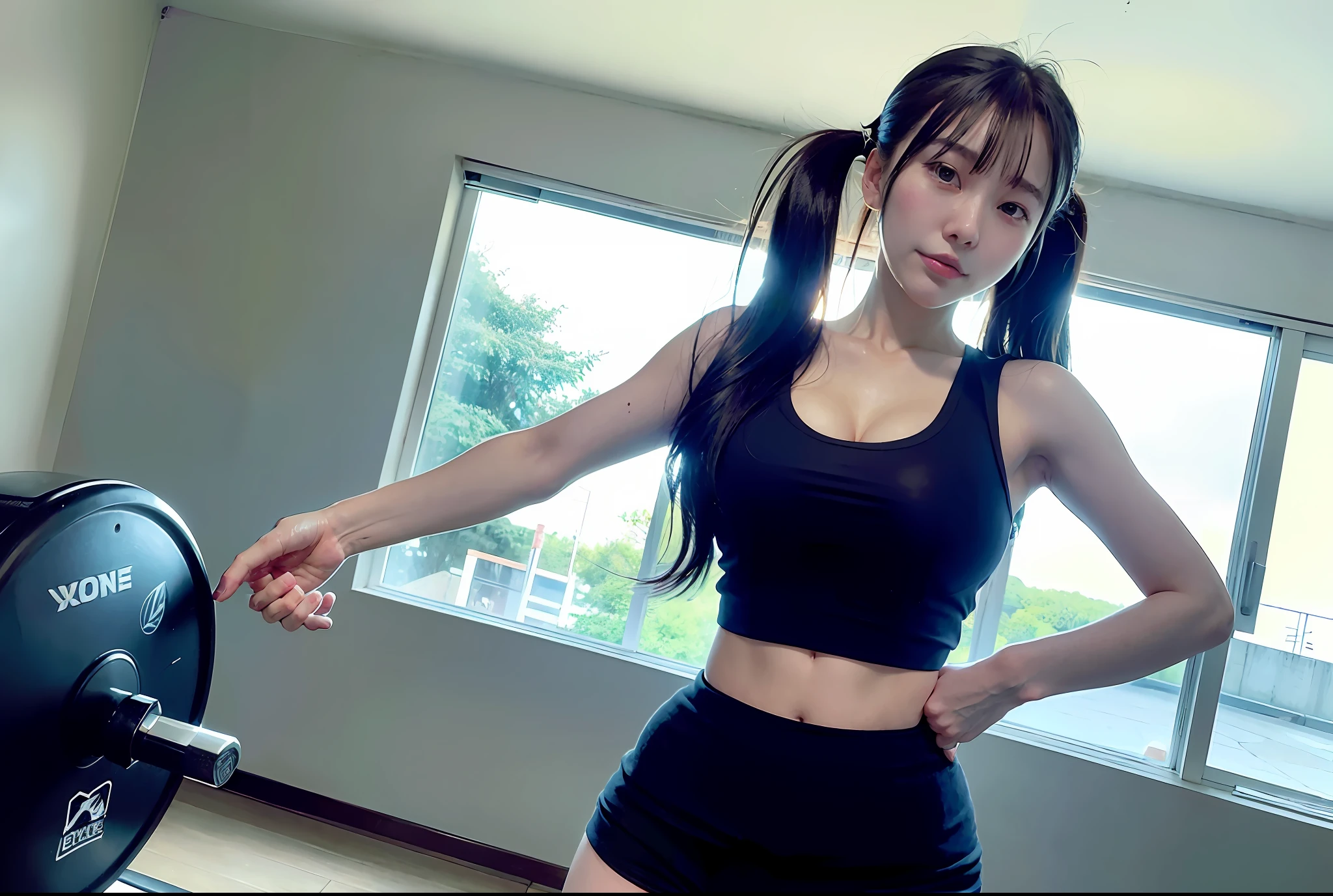 good hand,4k, 1girl, )a RAW portrait of a girl exercising in the gym), perspiring, sweating, high-res, masterpiece, best quality, head:1.3,(Korean K-pop idol), chunli, twin tails, extremely cute, finely detailed skin, sharp focus, (cinematic lighting), collarbone, soft lighting, dynamic angle, [:(detailed face:1.2):0.2], thigh gap, slim body, ((medium breasts)), full body, ((gym outfit)), (gym shorts), tank top, gym background, gym equipments, (anime, official_art:1.1), (anime screencap:1.1), (1girl, solo focus:1.2), (fisheye:0.9), ray traced:0.5, depth of field:1.0, bokeh:0.6, god rays:1.0, vivid colors:0.8, cinematic hard lighting:0.7, realistic shadows:1.2,