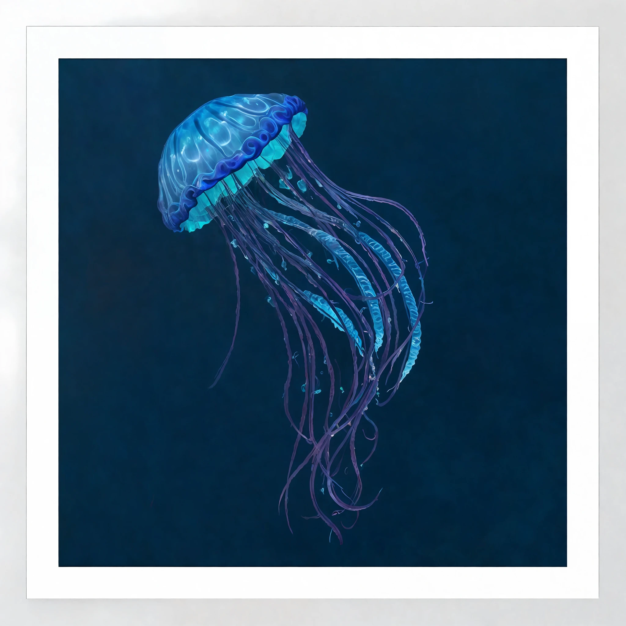 a close up of a jellyfish in a blue ocean art print, blue jellyfish, jellyfish, neon jellyfish, jelly fish, cyberpunk jellyfish, jelly fish dancing, phoenix jellyfish, glowing jellyfish, space jellyfish, jellyfish element, bioluminescent jellyfish, deep sea themed, jellyfish phoenix, jellyfish headdress, sea like jelly, jellyfishes, jellyfish fractal, fine art print