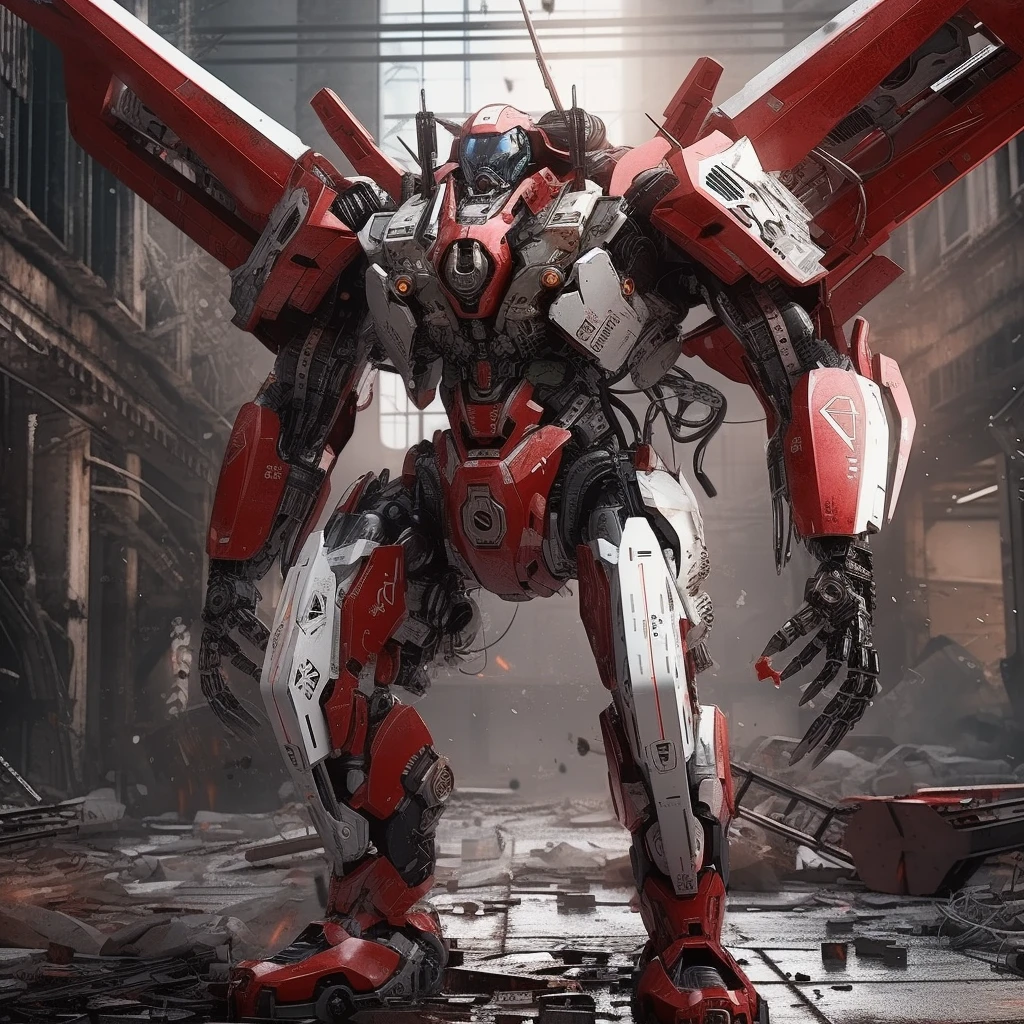The red and white mech has wings, holds a large gun in his hand, shabby metal skin, cyberpunk background, extreme detail, dark backlight, octane rendering, dark color, 8K, HD--niji 5