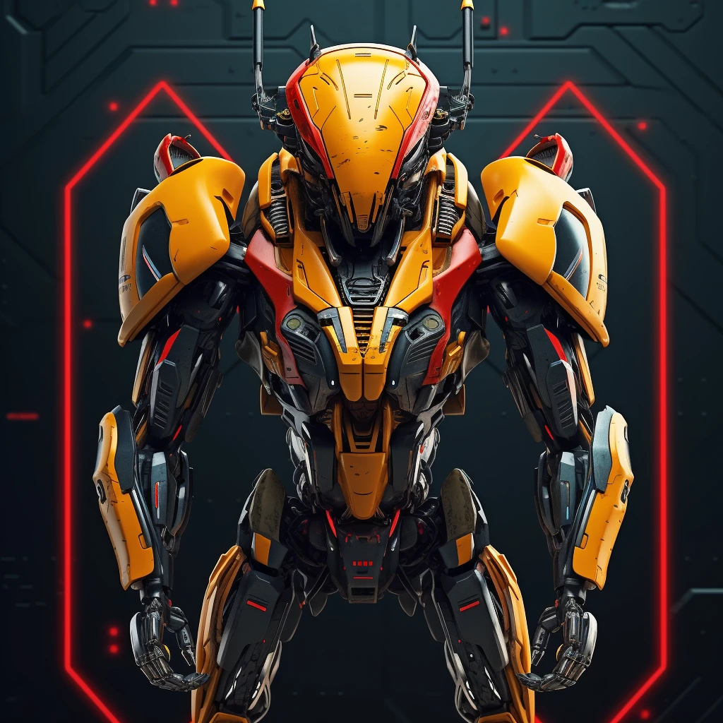 Simple concept design of alien mechanical robot, Gundam, fashion magazine cover, three-quarter view, complete composition, symmetry, 3D, CG concept, perfect body light, Thuan Nguyen Minh Duong, behance, 3D rendering of the mech, cyberpunk, future cool style, SWAT with black, yellow and red color scheme. Conceptual design, modeling, texturing and rendering done by me for a massive hostile situation--niji 5