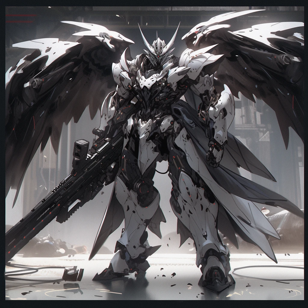 A white mecha with big wings carries a jet engine on its back, holding a big gun in the hand. extreme details, octane render, dark color, 8K, HD, --niji 5