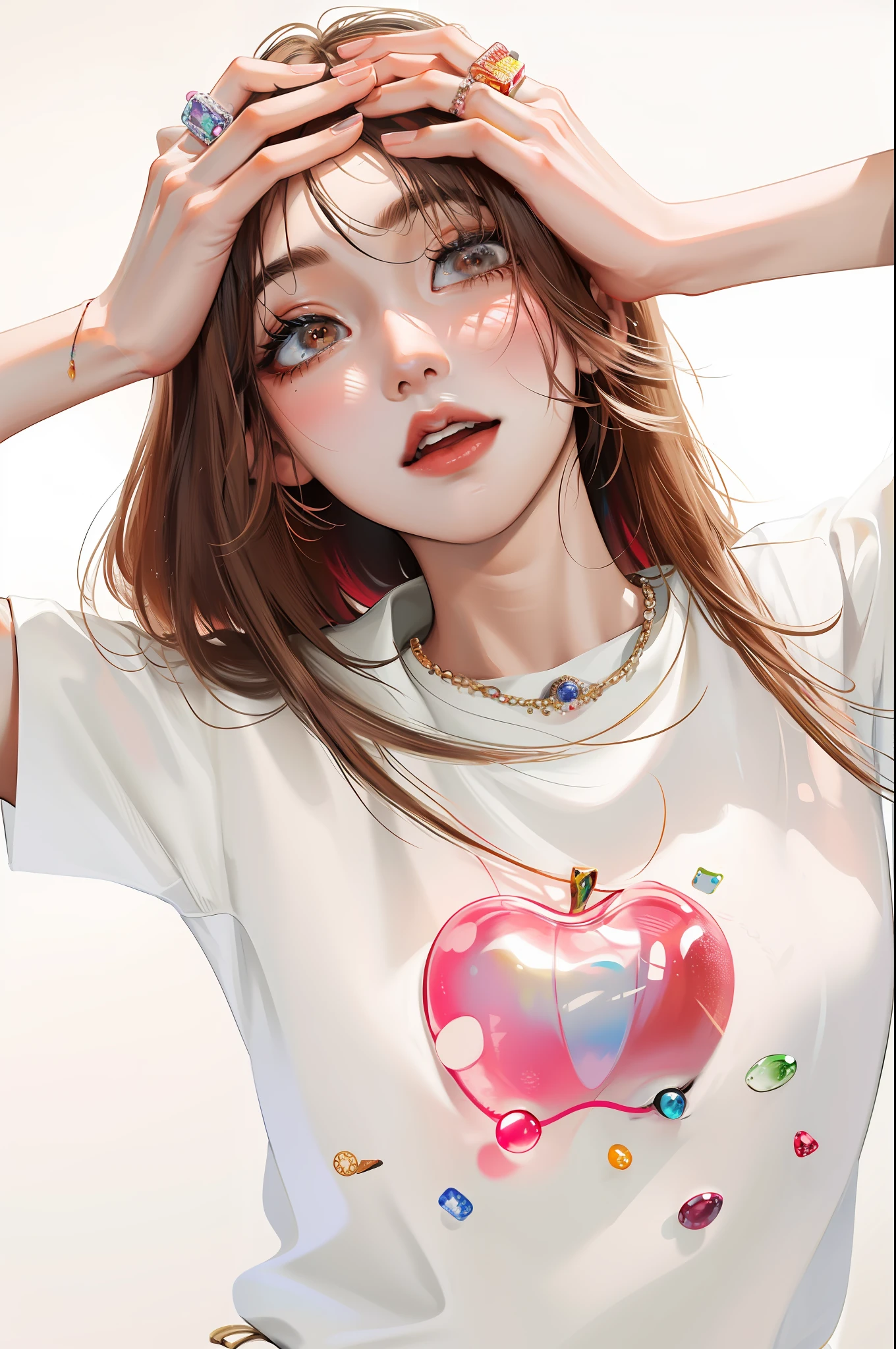 there is a woman that is holding her head with her hands, with apple, with ripped crop t - shirt, heonhwa choe, taejune kim, embedded with gemstones, y 2 k, y2k, aya takano, with colorfull jellybeans organs, official product photo, portrait of kim petras, jiyun chae, akiko takase
