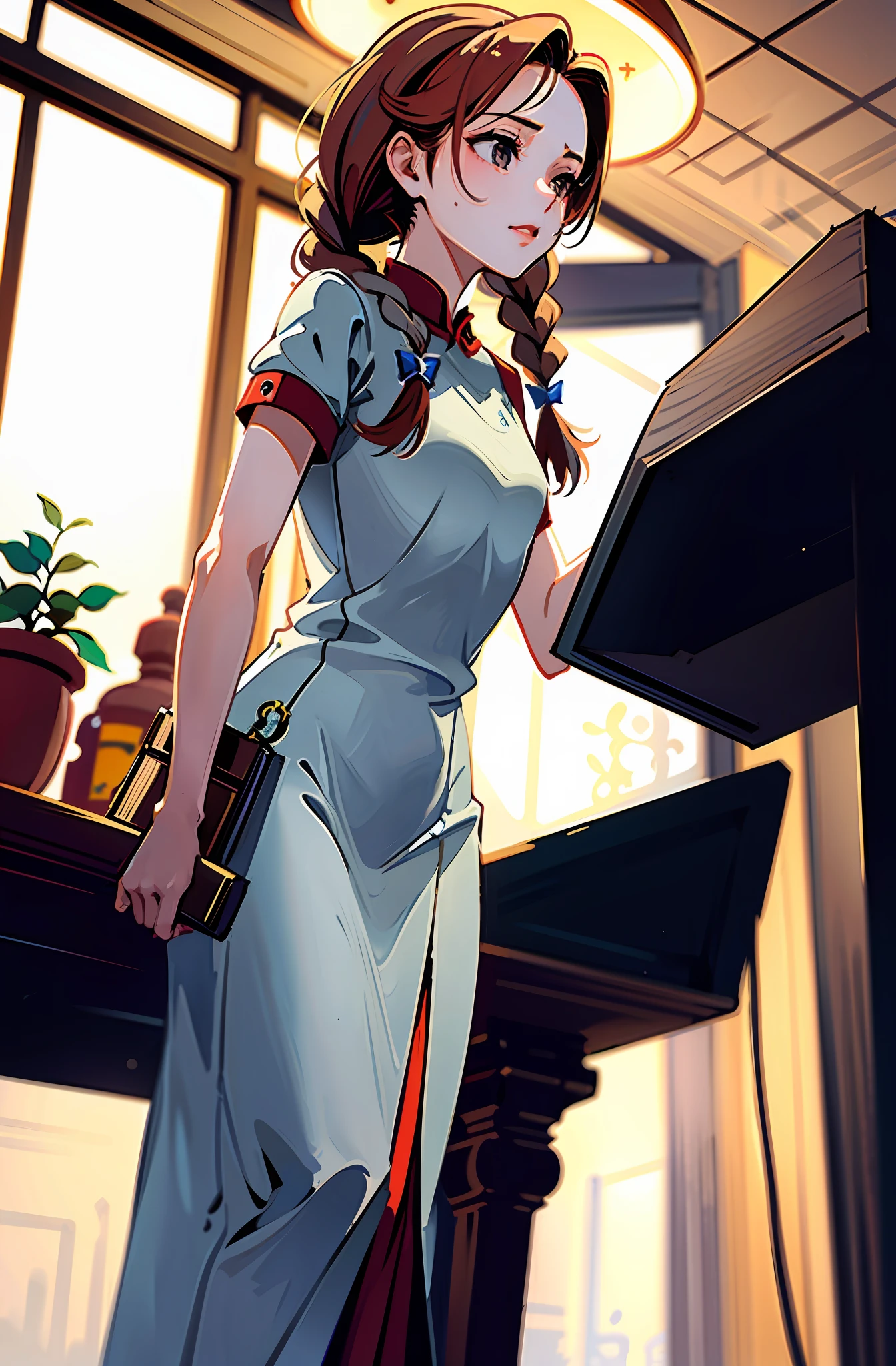 (masterpiece, best quality:1.2),1girl,
girl,
path traced,
historical,
strawberry blonde,
grey,
twin braids,
library,
vietnamese dress,
from below,
standing,