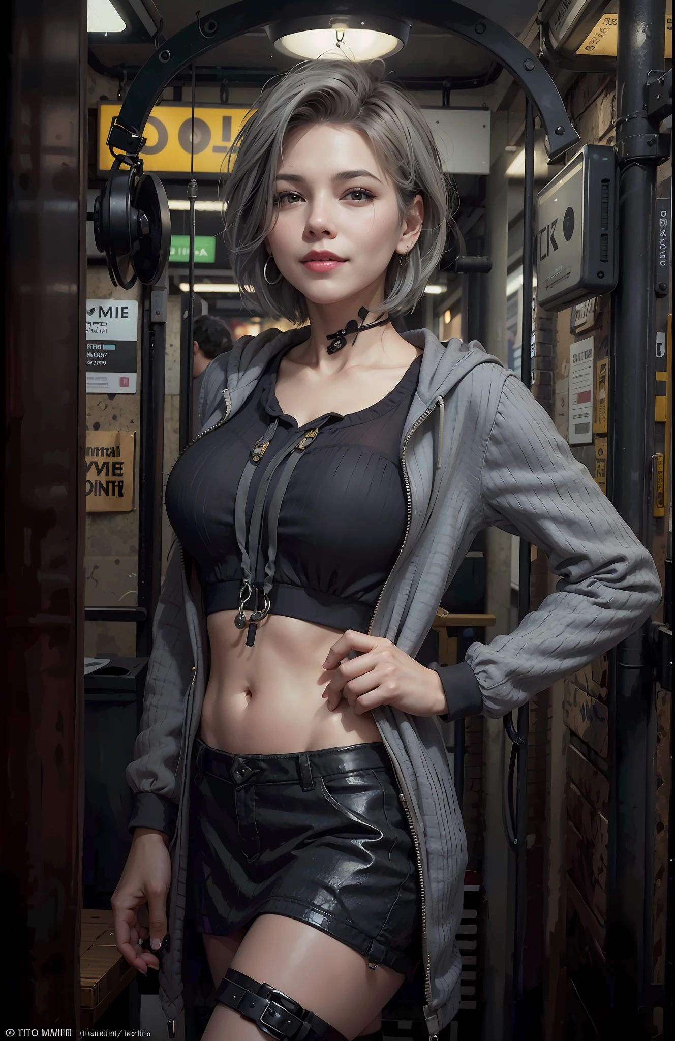 ((realistic face, happy, young look)), (black hoody, black mini skirt), (huge breasts), (grey short hair), (20 years), (1 girl), (4k style), (subway background)