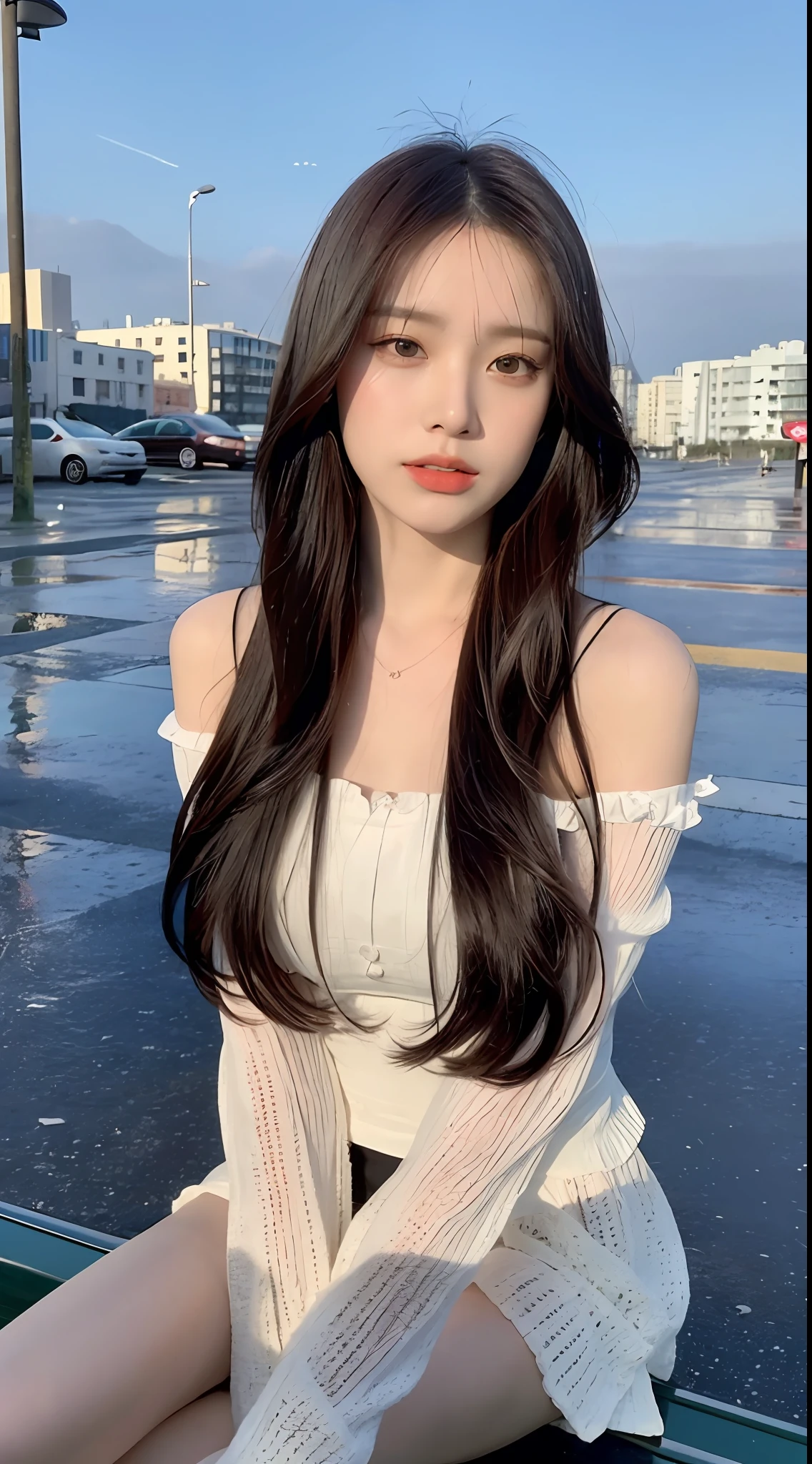 ((Best Quality, 8k, Masterpiece: 1.3)), Focus: 1.2, Perfect Body Beauty: 1.4, Buttocks: 1.2, (Layered Haircut: 1.2)), (Rain, Street:1.3), Highly detailed face and skin texture, Fine eyes, Double eyelids, Whitened skin, Long hair, (Round face: 1.5), sweet_lolita, sitting on the beach