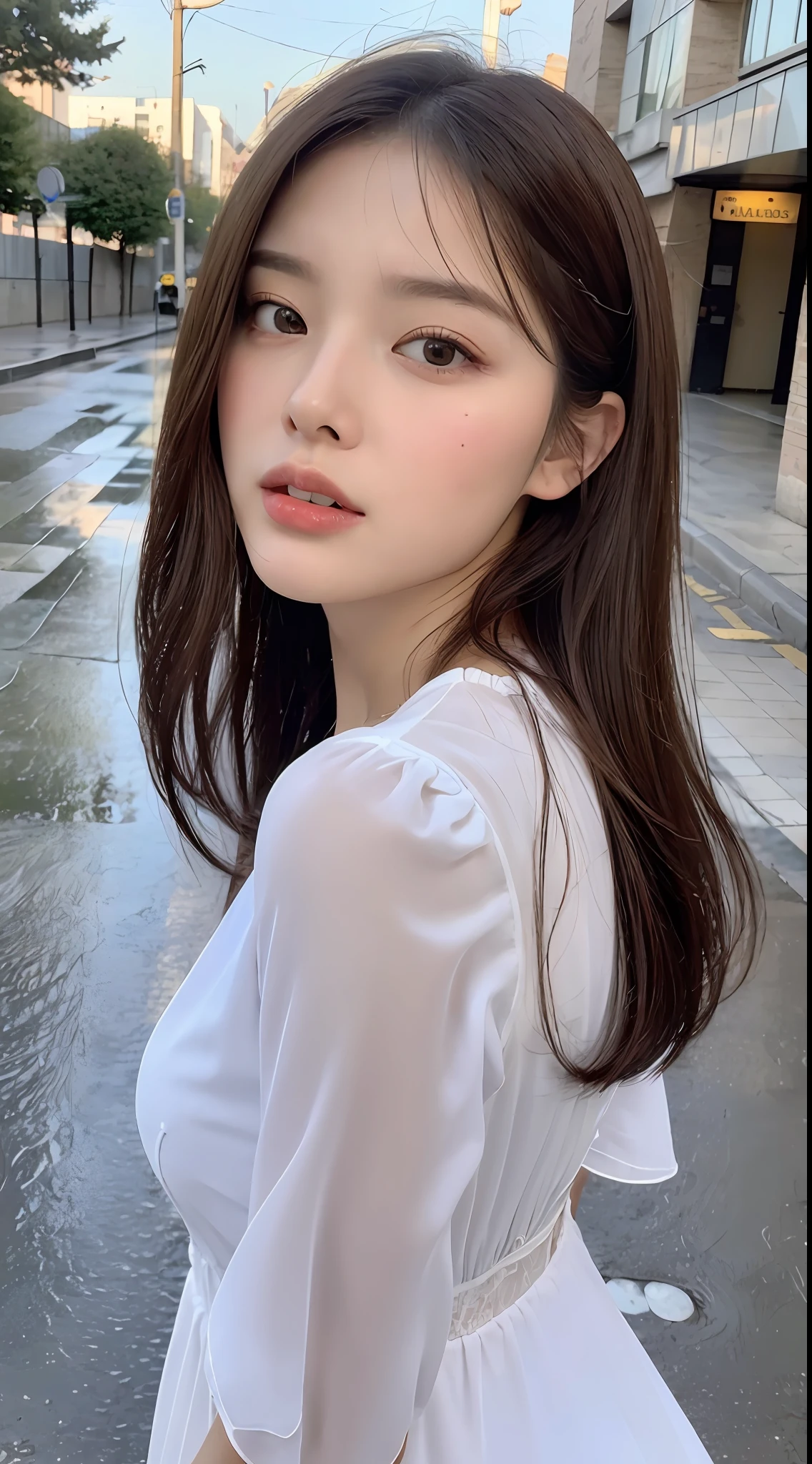 ((Best Quality, 8k, Masterpiece: 1.3)), Focus: 1.2, Perfect Body Beauty: 1.4, Buttocks: 1.2, (Layered Haircut: 1.2)), (Rain, Street:1.3), Highly detailed face and skin texture, Fine eyes, Double eyelids, Whitening skin, Long hair, (Round face: 1.5), sweet_lolita