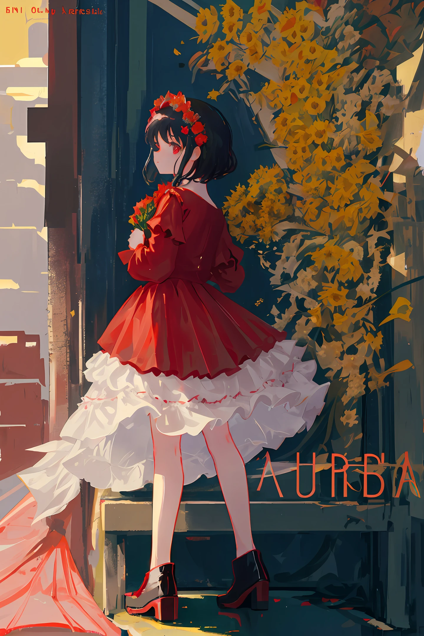 a 5 years old girl, wearing a red ankle touching dress, holding a bouquet at her right hand, her left hand is holding a yellow umbrella, only her backside is shown, high profile cover photo
