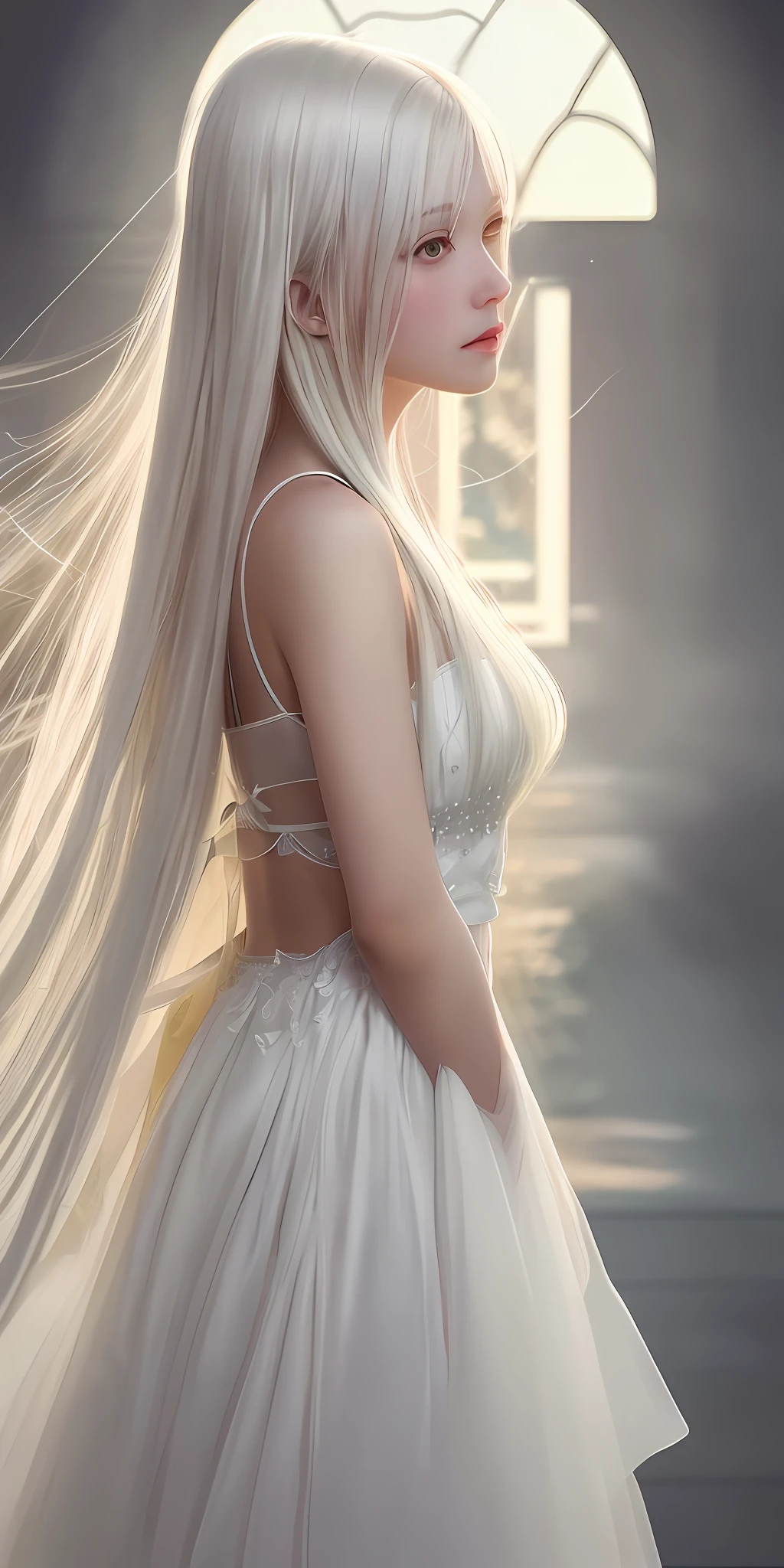 an extremely delicate and beautiful CG illustration, best quality, high resolution, dynamic angle, full-length shot, (1girl), yellow eyes and straight long white hair, floating, soft light, high-key lighting)