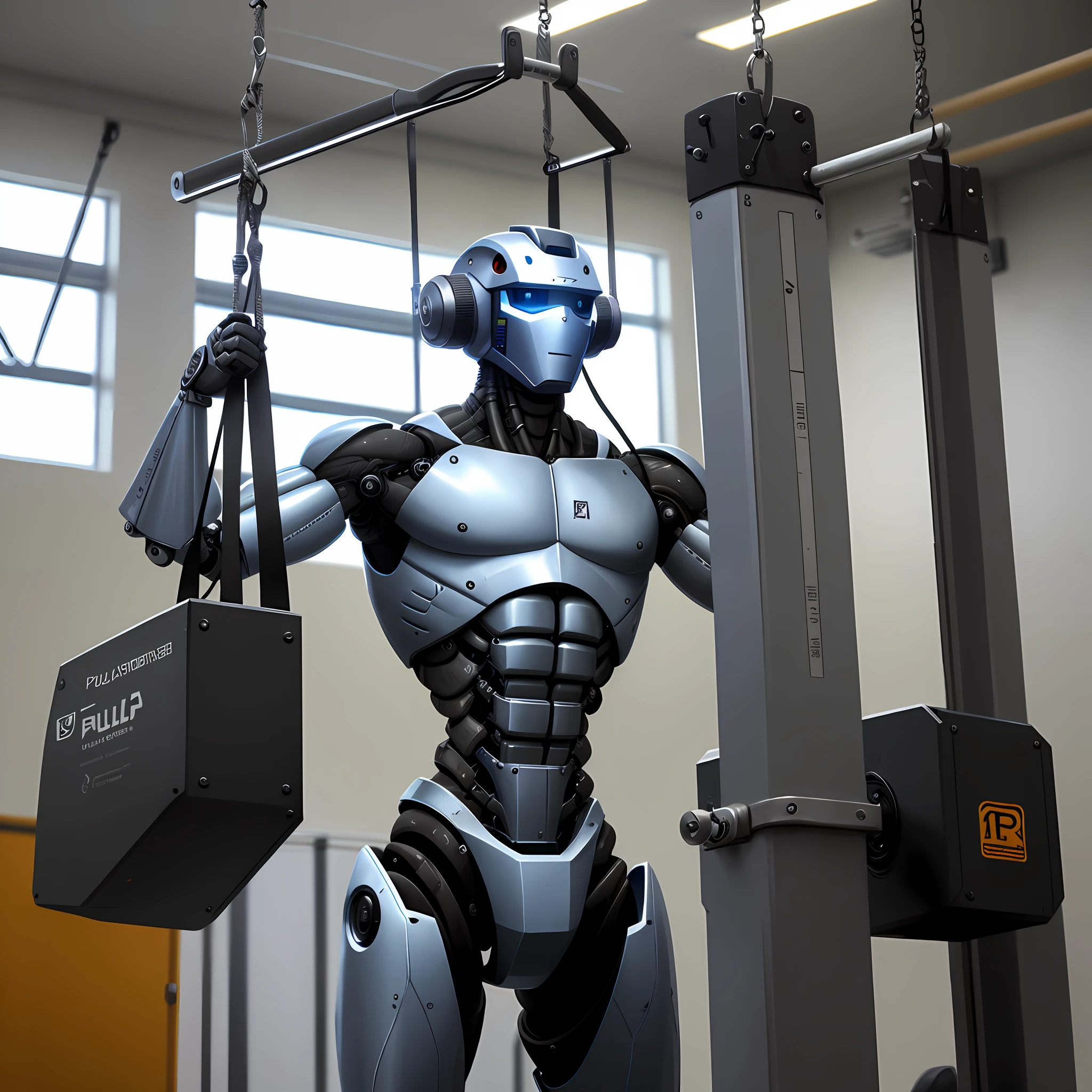 A robot doing pullups in a gym