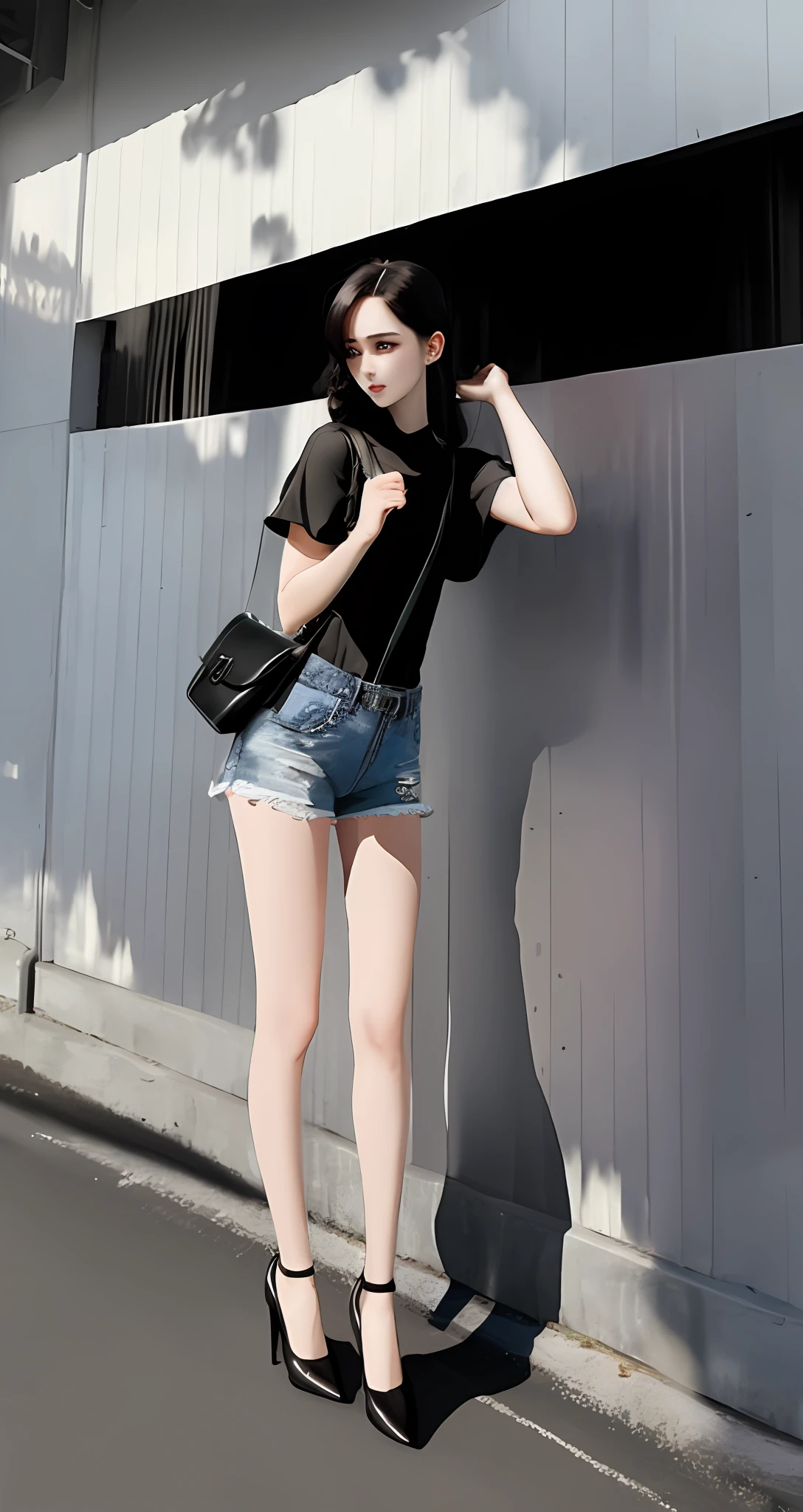 A girl in white skin and black dress leaning against the wall, pale skin, black short-sleeved shirt, dark denim shorts, long legs, left hand raised and leaning, right shoulder carrying a small leather bag, cap, beautiful digital artwork, realistic effect, high texture