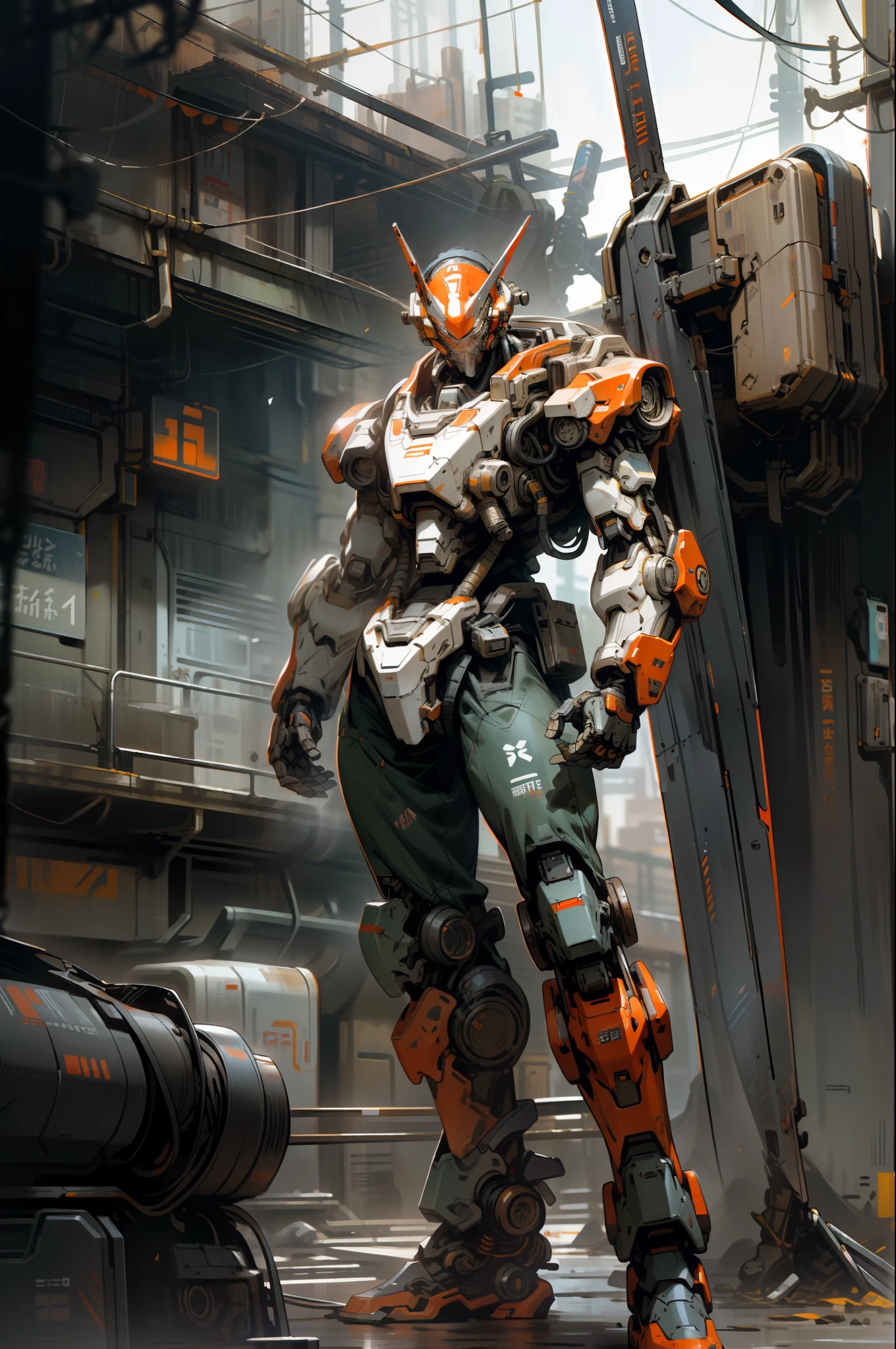 On the moon, barren planet, ruins, holding weapons, no humans, glowing, robot, building, glowing eyes, orange mech, science fiction, city, reality, mecha, galaxy background, full body, neon, cyber Punk, 8K wallpapers, ultra-detailed artwork, cinematic lighting, realistic photos, Dark_Fantasy, Cyberpunk, (chain saw, chain saw man, Red: 1.1), 1man, Mechanical marvel, Robotic presence, Cybernetic guardian, wearing a worn-out machine armor suit, intricate, (steel metal [rust]), elegant, sharp focus, photographed by greg rutkowski, soft lighting, vibrant colors, masterpiece, ((street)), cowboy shot, dynamic pose,