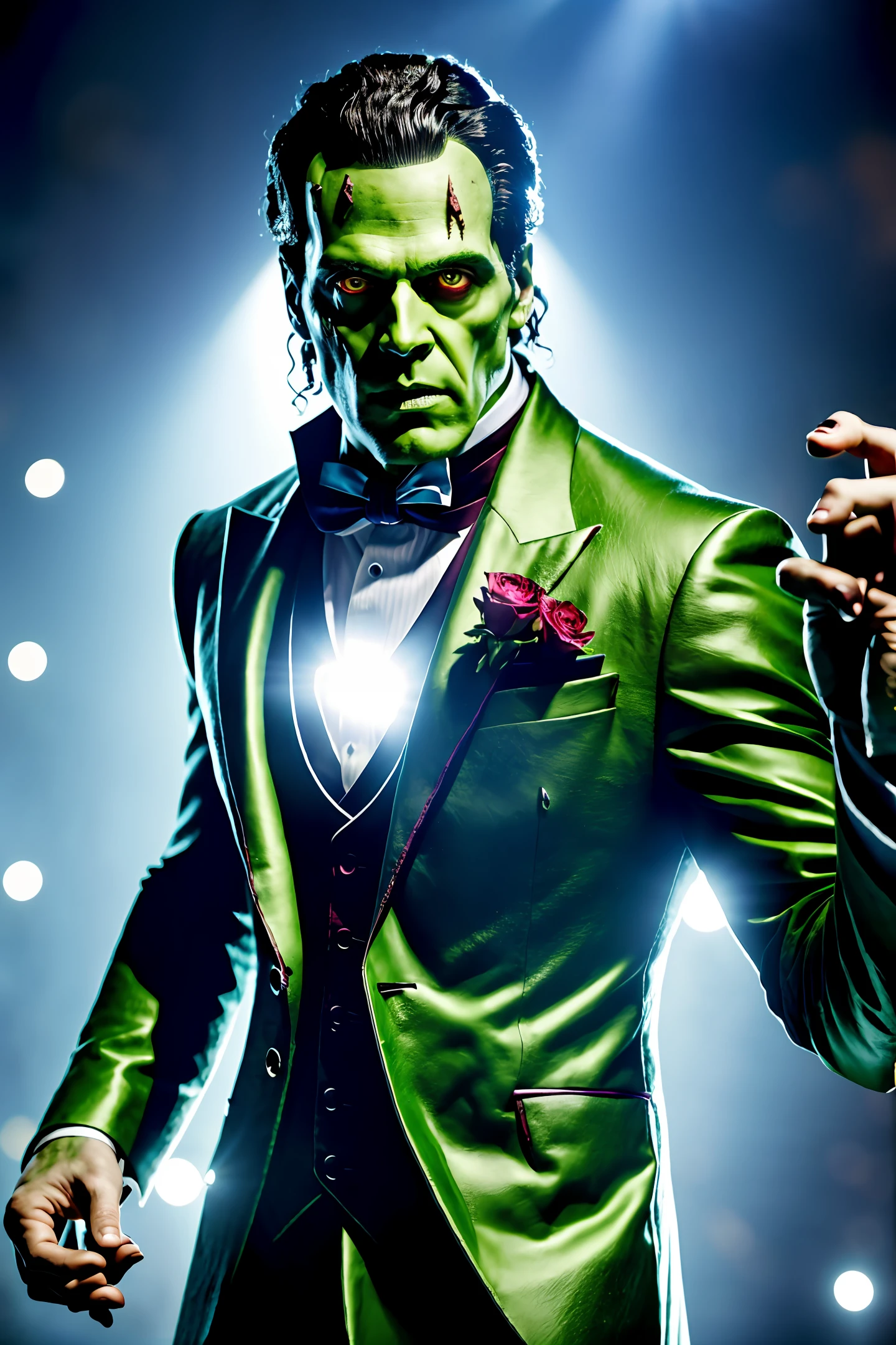 Zombie Frankenstein (Masterpiece:1.2), (Best Quality), Detailed, UHD, Cinematic Lighting, sharp focus, (illustration:1.1), intricate, wearing a torn suit, hands holding a floating object, hands holding a bright floating blue crystal in front, close-up, in a dimly lit room, wizard's room, bright lights, twinkling lights,