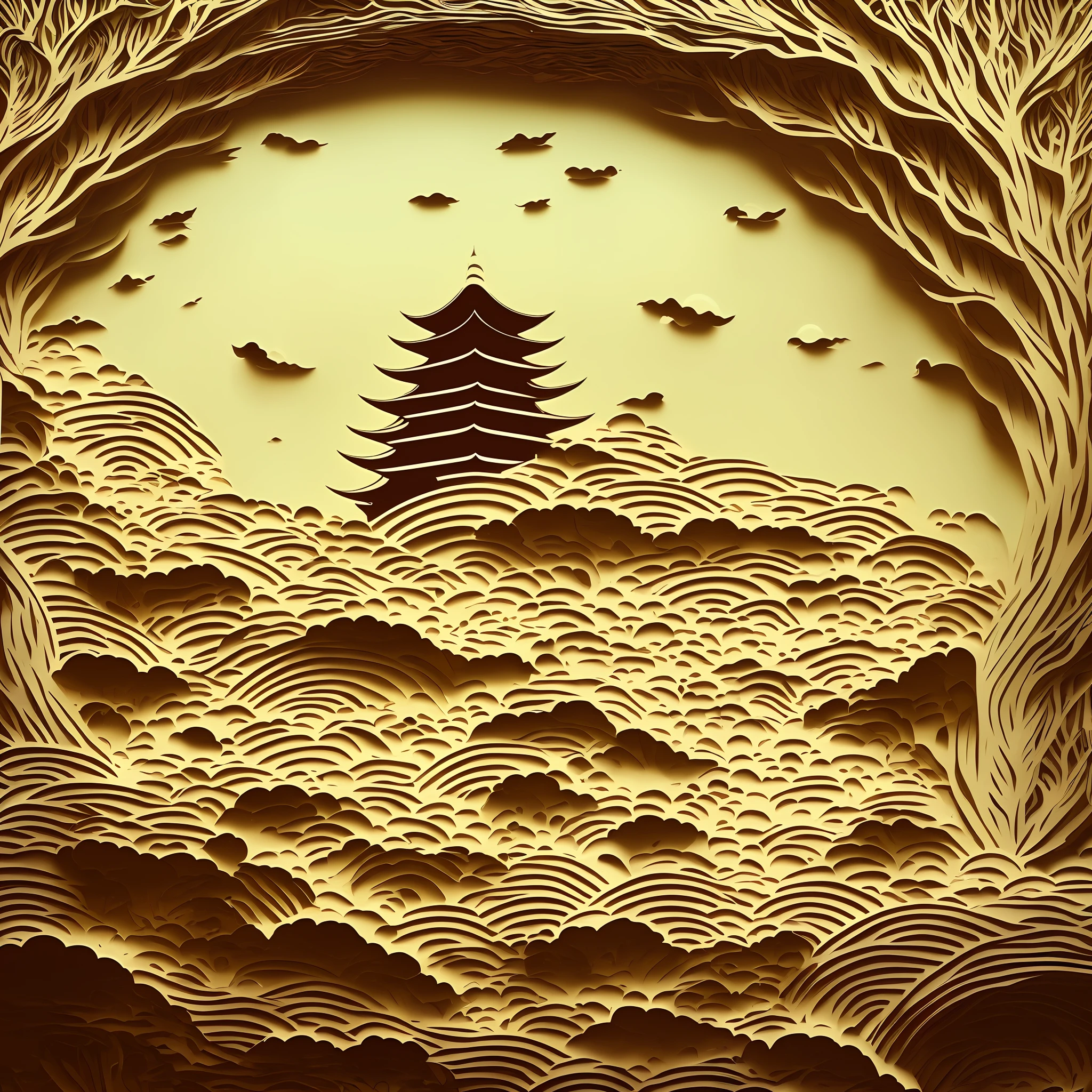 mdjrny-pprct, Japanese architecture, bamboo forest, landscape, sea of clouds, a boat, (high detail: 1.2)