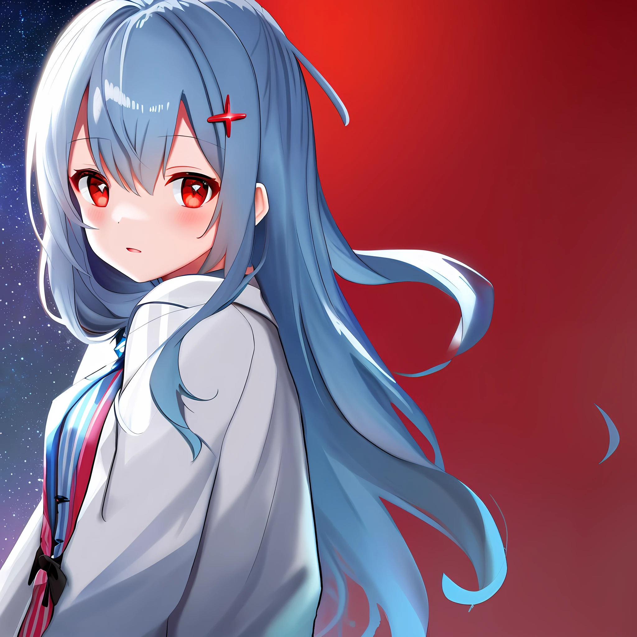 Maiden, front, upper body, sea blue clothes, red and black stripes, starry sky background
