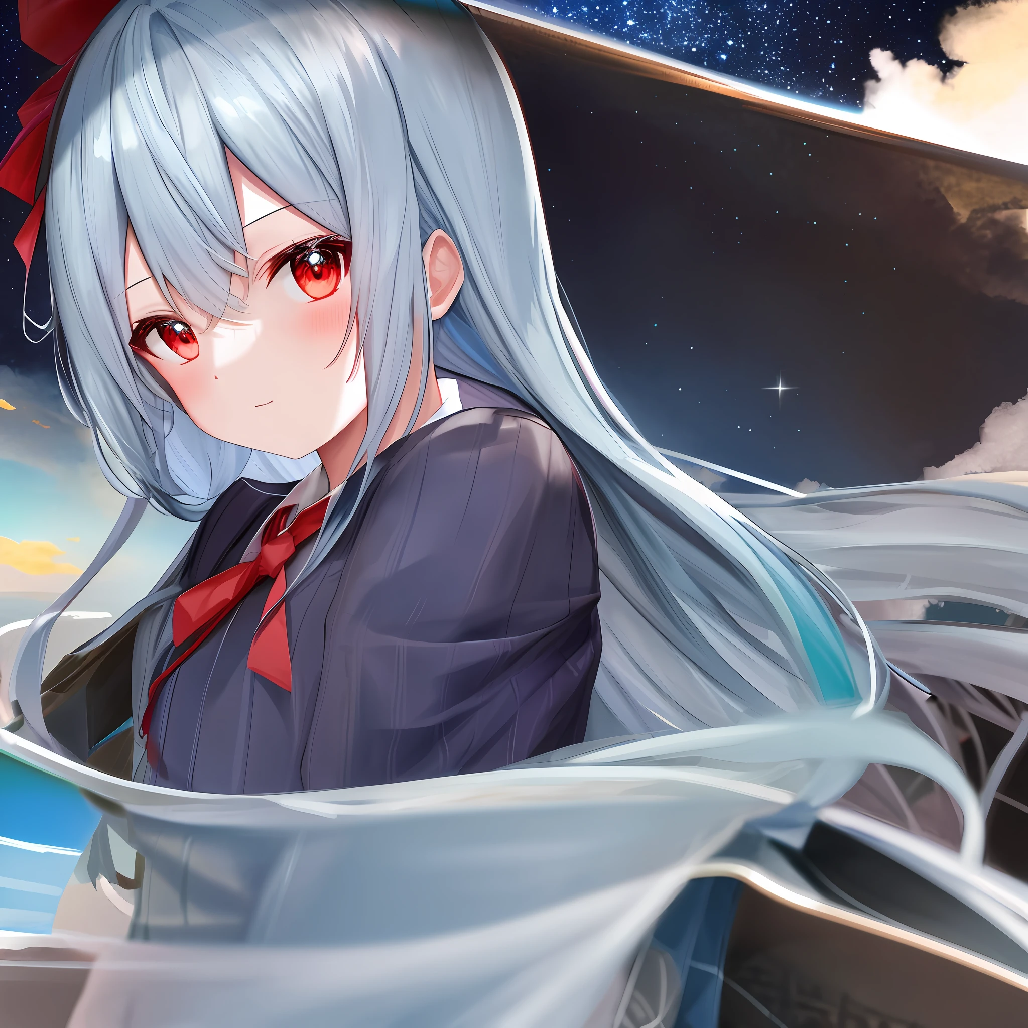 Maiden, front, upper body, sea blue clothes, red and black stripes, starry sky background