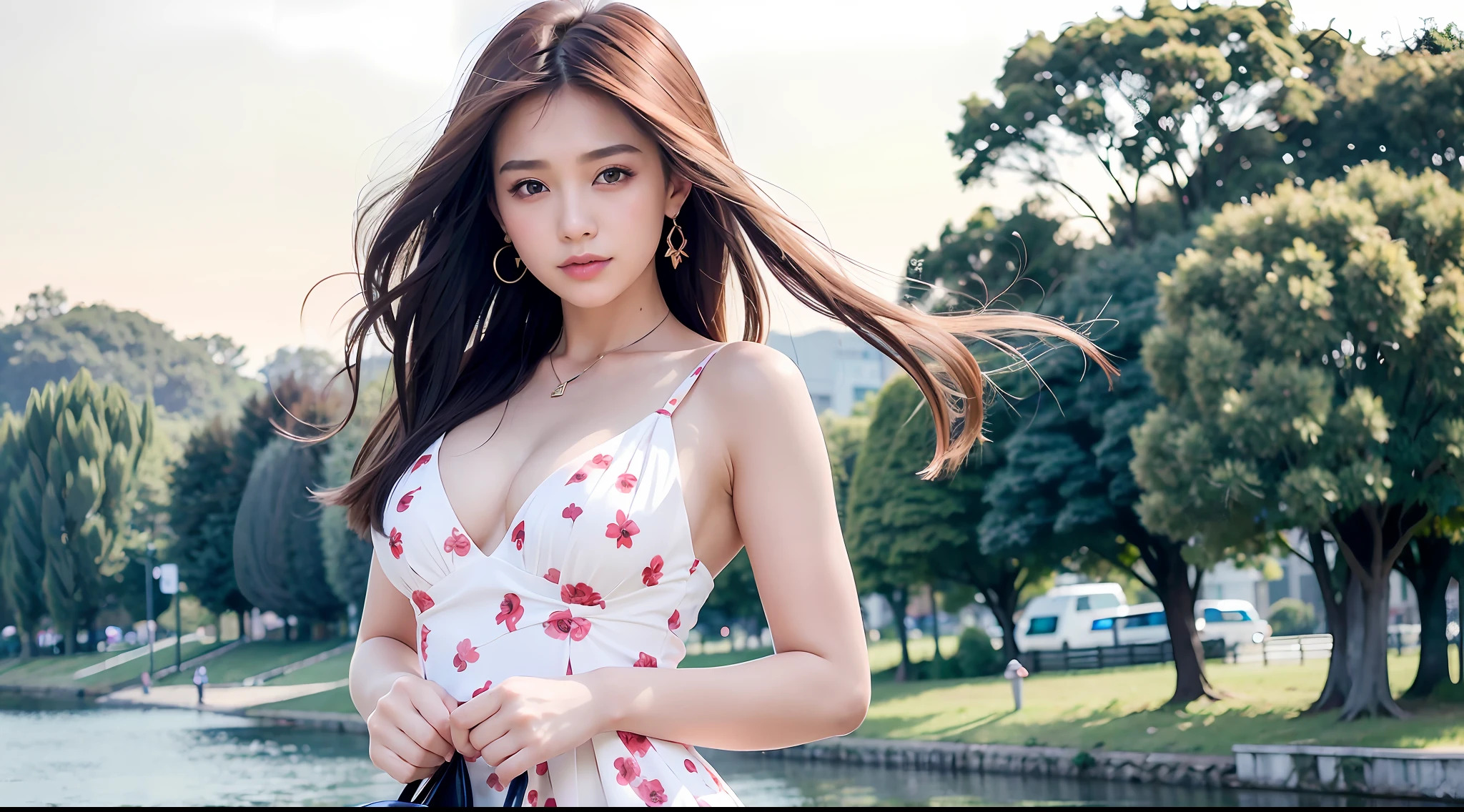 1girl walking on the river, mix4, dress, ???????????, beautiful lips, smile, realistic, upper body, solo, holding a women's bag, handbag, louis vuitton, (masterpiece), (realism: 1.3), super detailed, (high detail skin: 1.2), (best quality: 1.0), (ultra-high resolution: 1.0), (ulzzang-6500: 0.3), wavy detail hair , long hair, sunshine, (beautiful detail makeup), (?????? arousal blushing dyspnea: 1.0), floral theme petals scattered, (soft light bloom: 0.5), delicate skin.