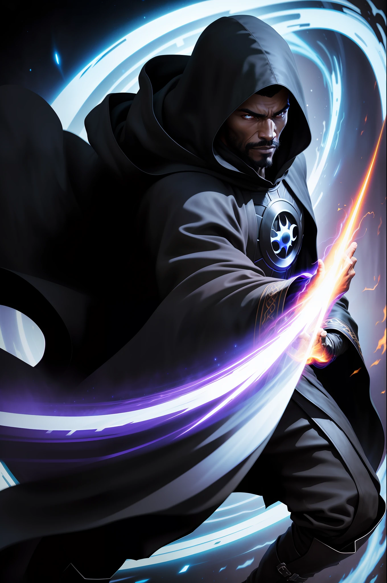 solo, masterpiece, best quality, medium shot of Cloak black guy with a dark cloak, big swirling shapes, mystical cloak with infinity inside, marvel, fighting stance, dynamic angle