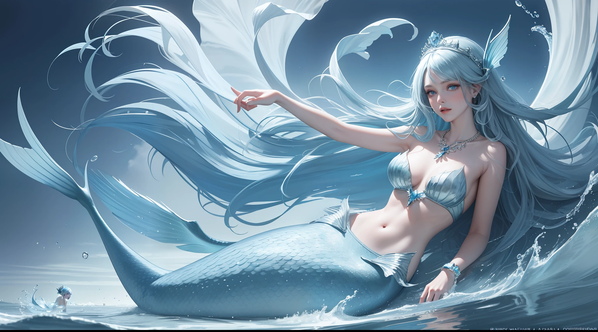 Best quality, masterpiece, super high resolution (fidelity: 1.2), 1 girl, long blue hair, blue eyes, delicate face, beautiful eyes, (mermaid: 1.3), tiara necklace, in water, background blur,