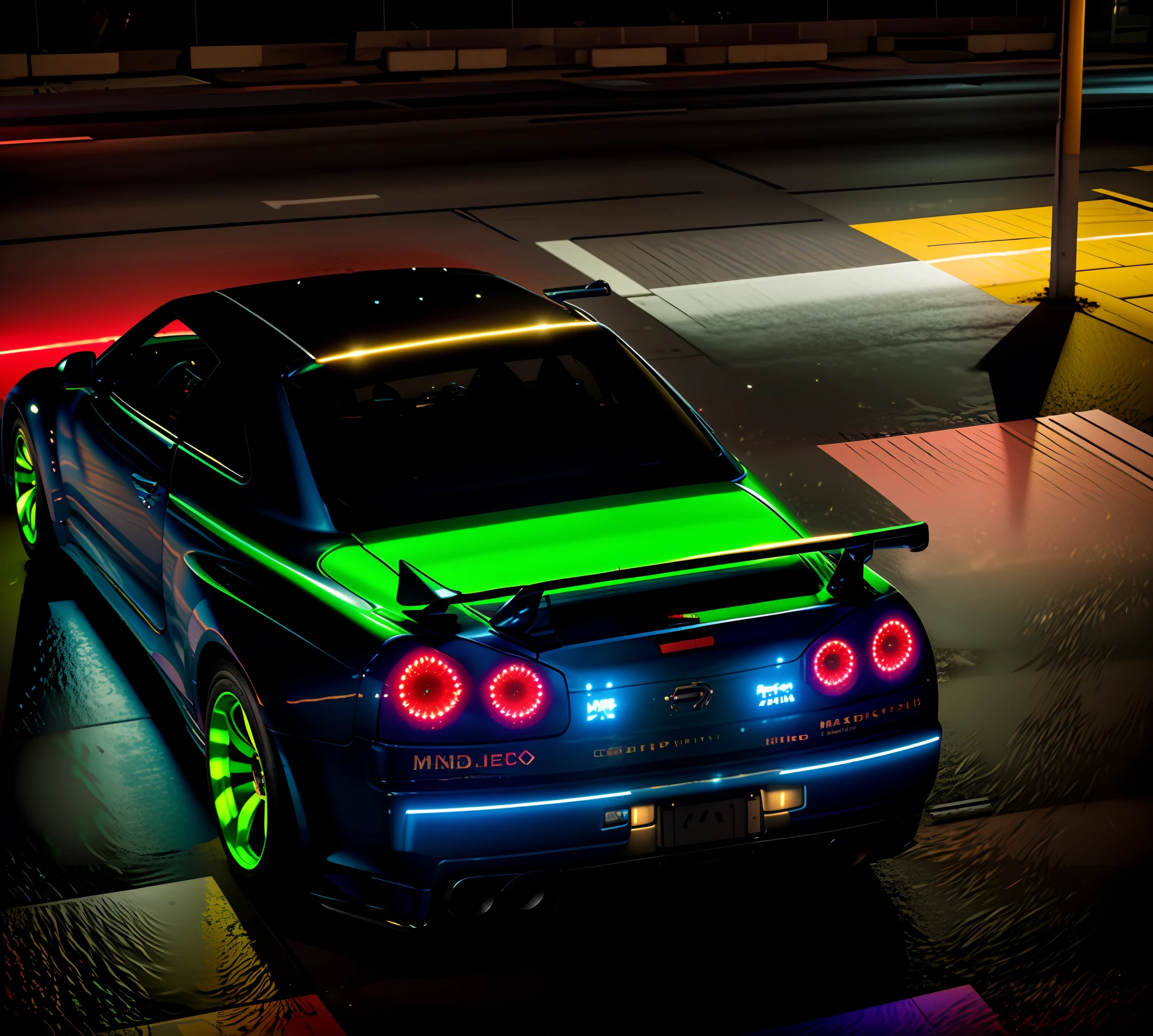 (Best Quality)), ((Masterpiece)), (High Definition:1.3), 3D, Beautiful (Cyberpunk:1.3), Rain, Park, Corporate Logo, HDR (High Dynamic Range), Ray Tracing, NVIDIA RTX, Super Resolution, Unreal 5, Subsurface Scattering, PBR Texturing, Post-Processing, Anisotropic Filtering, Depth of Field, Maximum clarity and sharpness, multi-layer textures, albedo and specular maps, surface shading, accurate simulation of light-material interactions, perfect proportions, octane rendering, two-tone lighting, low ISO, white balance, quadruple method, wide aperture, 8K RAW, efficient subpixel, subpixel convolution, luminous particles, ( masterpiece, Best Quality)), [Car], Solo, Side Rock,Bright,Neon Light,Night,Midnight,Tokyo,Light,[Automobile], [Ground Vehicle], Sports Car, Vehicle Focus,, GTR36 Concept, Atomsfa, Light Flare, Moon, Wheel Silver,