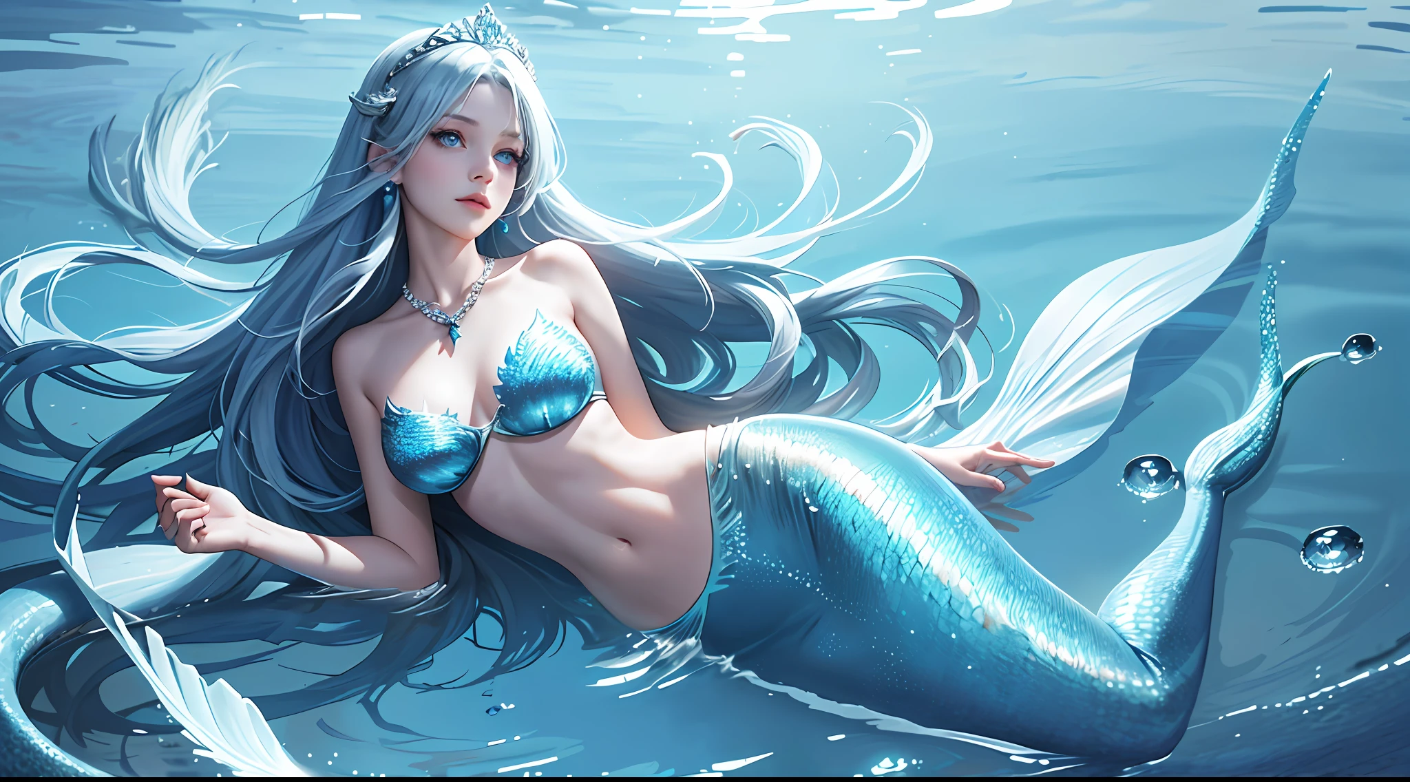 Best quality, masterpiece, super high resolution (fidelity: 1.2), 1 girl, long blue hair, blue eyes, delicate face, beautiful eyes, (mermaid: 1.3), tiara necklace, in water, background blur,