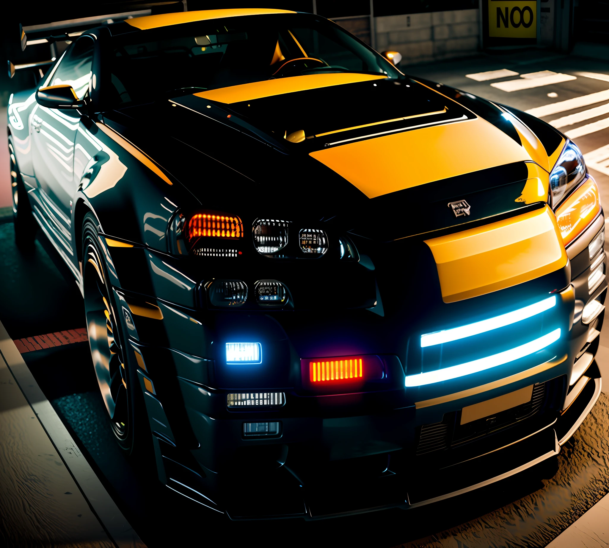(Best Quality)), ((Masterpiece)), (High Definition:1.3), 3D, Beautiful (Cyberpunk:1.3), Rain, Park, Corporate Logo, HDR (High Dynamic Range), Ray Tracing, NVIDIA RTX, Super Resolution, Unreal 5, Subsurface Scattering, PBR Texturing, Post-Processing, Anisotropic Filtering, Depth of Field, Maximum clarity and sharpness, multi-layer textures, albedo and specular maps, surface shading, accurate simulation of light-material interactions, perfect proportions, octane rendering, two-tone lighting, low ISO, white balance, quadruple method, wide aperture, 8K RAW, efficient subpixel, subpixel convolution, luminous particles, ( masterpiece, Best Quality)), [Car], Solo, Side Rock,Bright,Neon Light,Night,Midnight,Tokyo,Light,[Automobile], [Ground Vehicle], Sports Car, Vehicle Focus,, GTR36 Concept, Atomsfa, Light Flare, Moon, Wheel Silver,
