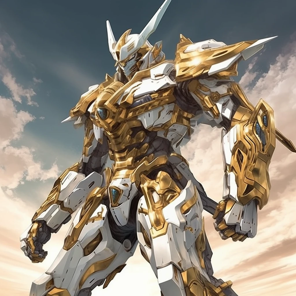 Gundam,mecha, presenting a sky punk style. white and gold style--niji5