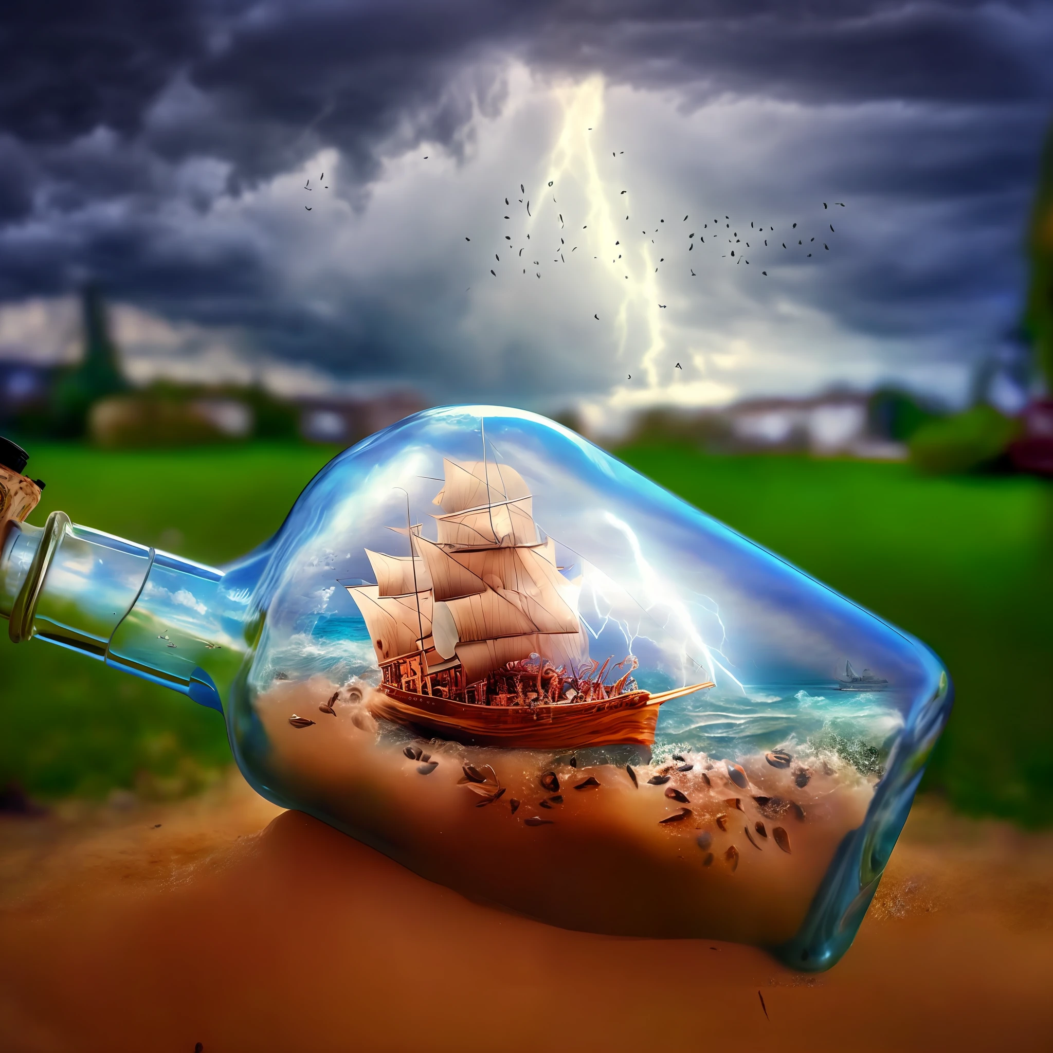 there is a ship in a bottle on the sand by the water, ship in a bottle, lightning in a bottle, photo - manipulation, photo manipulation, creative photo manipulation, beach surreal photography, surrealistic digital artwork, photomanipulation, a ship lost in a storm, inspired by Storm Thorgerson, surreal object photography, surreal photo, surreal photography, surreal art