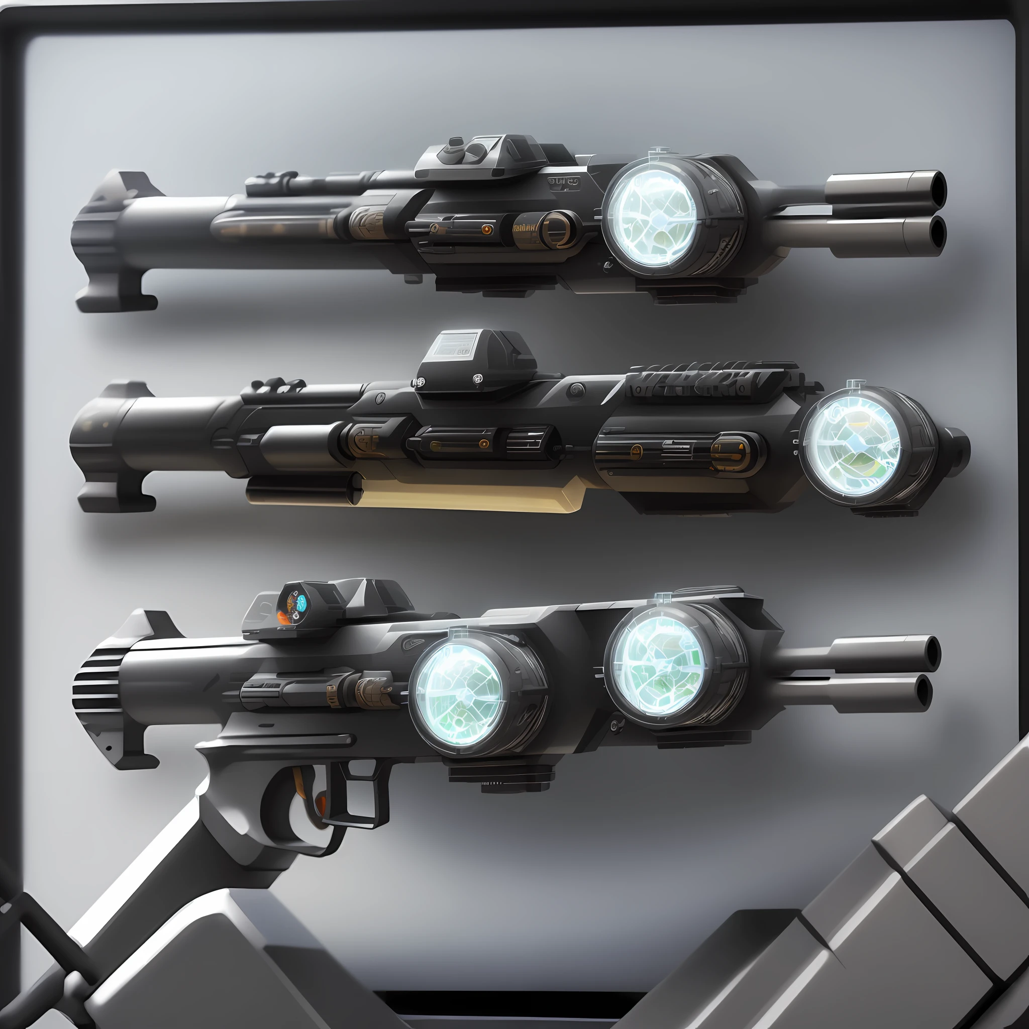 (mechanical technology style, high quality) gun details are super realistic, the bubbles are made in 3Dart c4d, (multi-angle)) display, shocking.