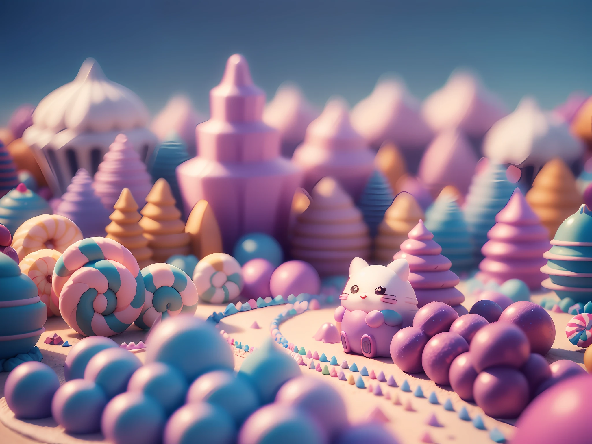 (cute world of candy, full size 3d candyland), highly detailed, super cute, superb lighting, volumetrics, by Jon Klassen, Ghibli Studio style, Tilt - shift, 80mm lens, unreal engine, Large aperture, 3d, blender, masterpiece, super detail, best quality, --v6