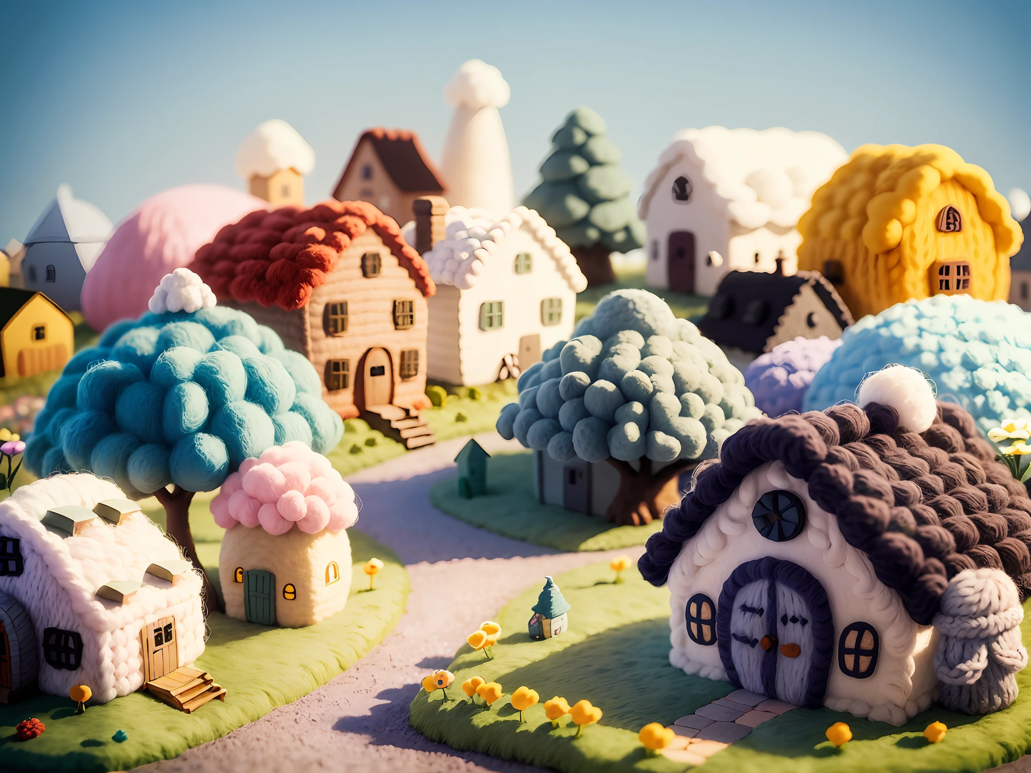 (cute world of wool felt, wool knitted fabric, cartoon), some small houses, farms, barracks, warehouses, flower houses, super cute, superb lighting, volumetrics, by Jon Klassen, Ghibli Studio style, Tilt - shift, 80mm lens, Large aperture, 3d, blender, masterpiece, super detail, best quality, --v6