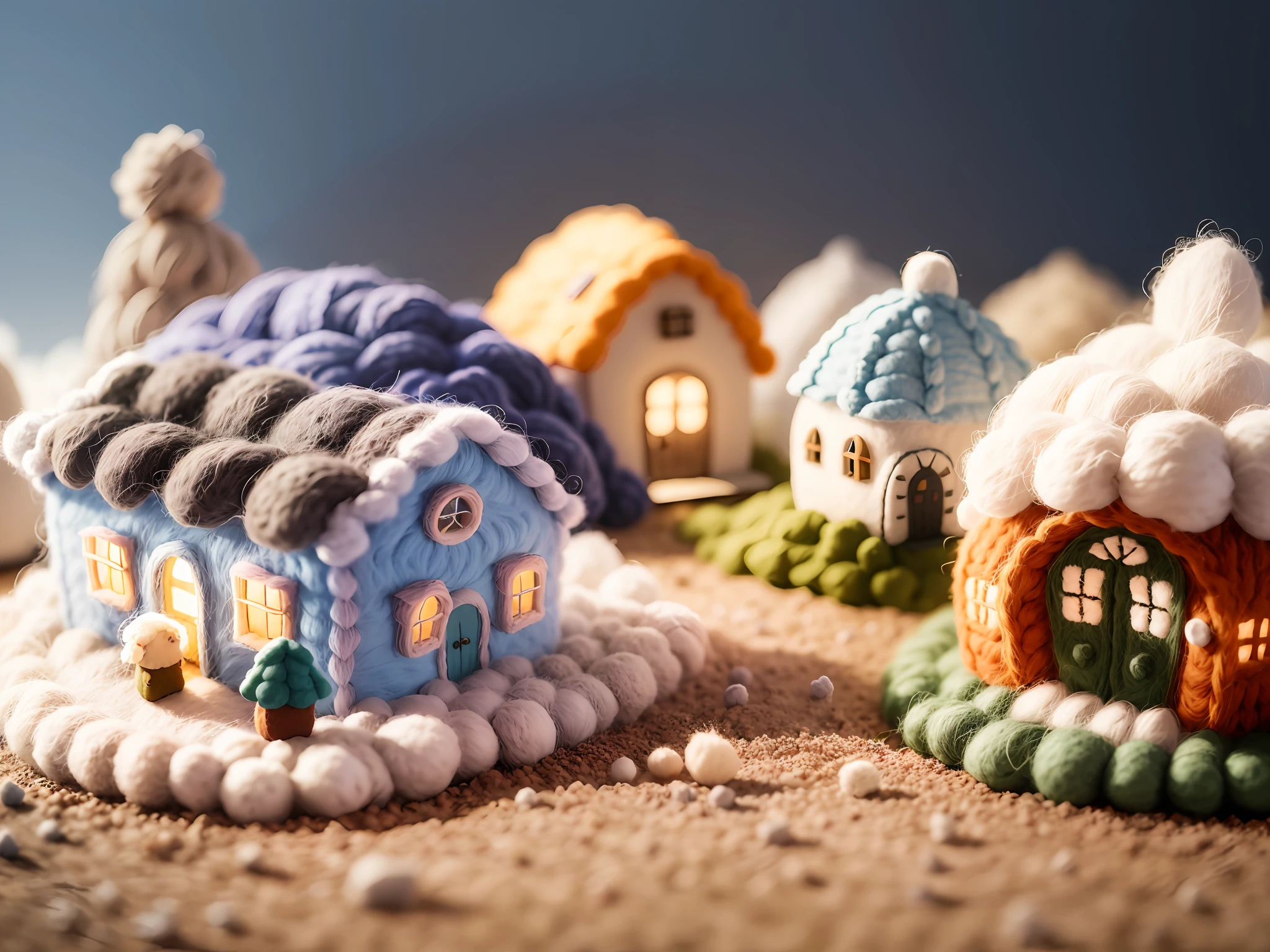 (cute world of wool felt, wool knitted fabric, cartoon), some small houses, farms, barracks, warehouses, flower houses, super cute, superb lighting, volumetrics, by Jon Klassen, Ghibli Studio style, Tilt - shift, 80mm lens, Large aperture, 3d, blender, masterpiece, super detail, best quality, --v6