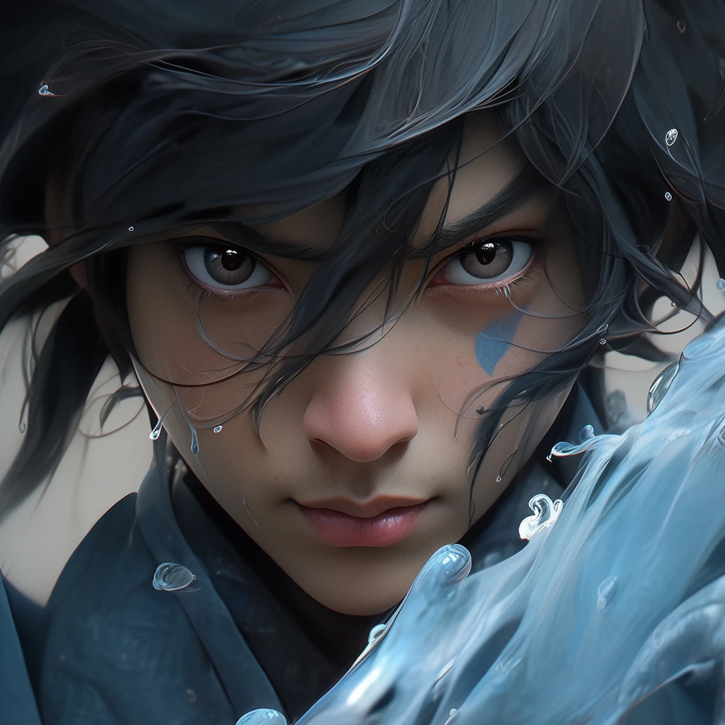 Epic water bending shot, in front, Award WinningPhotographs, Wuxia, A handsome ancient Chinese boy stood at the forefront with a knife, in the style of artgerm, Blue and Grey, powerful portraits，extreme close - upfocus on face, in the style of photorealistic eye, bokeh，in the style of hyperrealistic illustration, super ultra detail, movie screenshotUnreal Engine, Zbrush3D artVray，Glow Particular，Post Effect，Optical Flares --niji 5 --style expressive --s 400