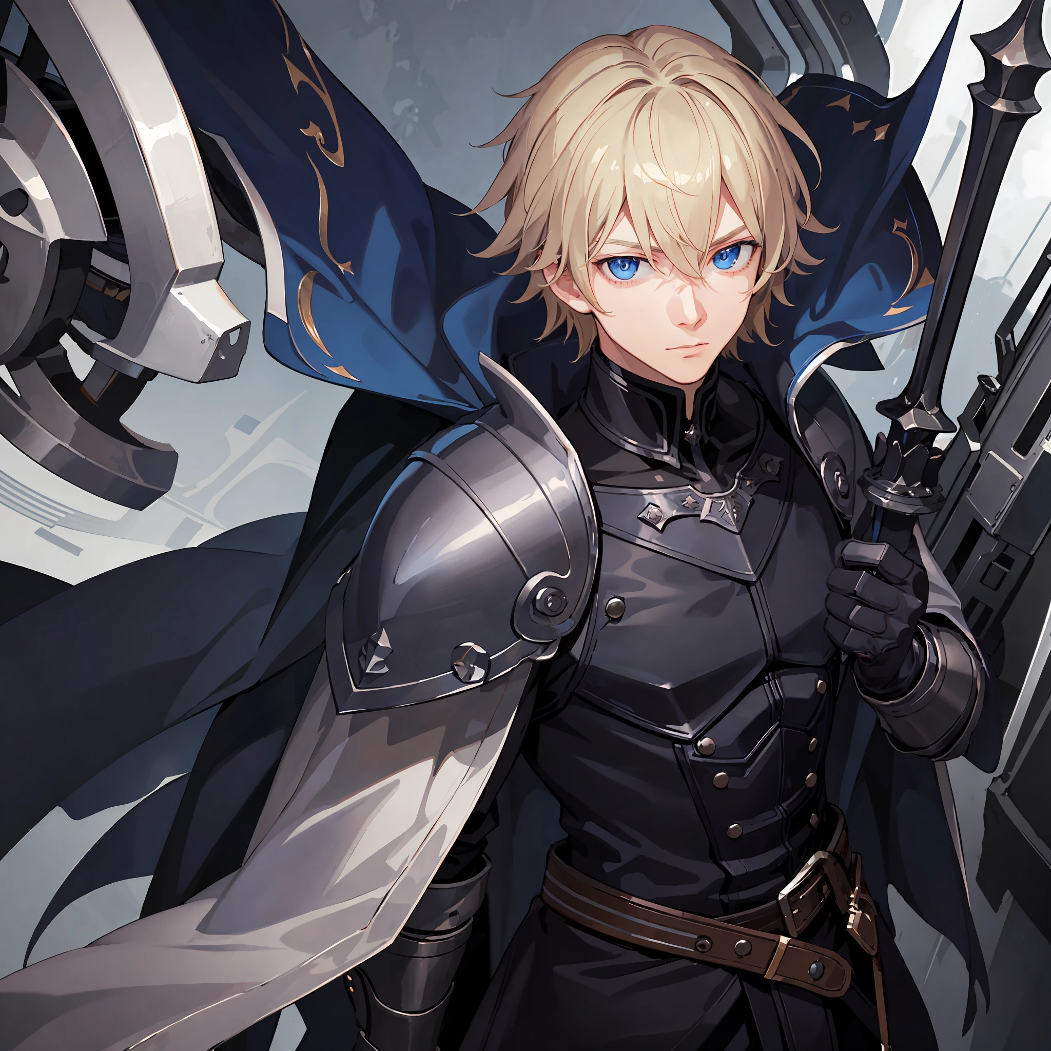 masterpiece, best quality, 1man, adult, male focus, solo, medium blonde hair, vibrant blue eyes, gloves, looking at viewer, cape, High quality metal texture, semi metal armor, closed mouth, black metalic gloves, upper body, bangs, high collar,(kbxll:0.6), Fantasy aesthetics, Highly detailed