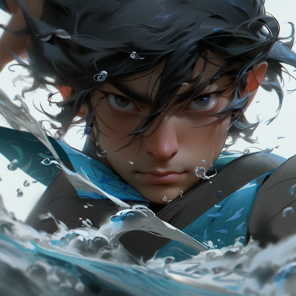 Epic water bending shot, in front, Award WinningPhotographs, Wuxia, A handsome ancient Chinese boy stood at the forefront with a knife, in the style of artgerm, Blue and Grey, powerful portraits，extreme close - upfocus on face, in the style of photorealistic eye, bokeh，in the style of hyperrealistic illustration, super ultra detail, movie screenshotUnreal Engine, Zbrush3D artVray，Glow Particular，Post Effect，Optical Flares --niji 5 --style expressive --s 400