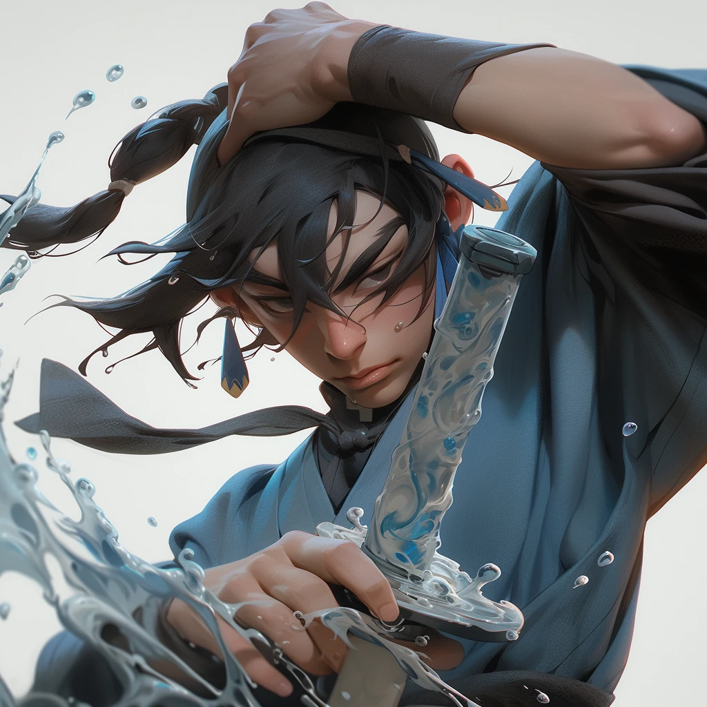 Epic water bending shot, in front, Award WinningPhotographs, Wuxia, A handsome ancient Chinese boy stood at the forefront with a knife, in the style of artgerm, Blue and Grey, powerful portraits,extreme close - upfocus on face, in the style of photorealistic eye, bokeh,in the style of hyperrealistic illustration, super ultra detail, movie screenshotUnreal Engine, Zbrush3D artVray,Glow Particular,Post Effect,Optical Flares --niji 5 --style expressive --s 400