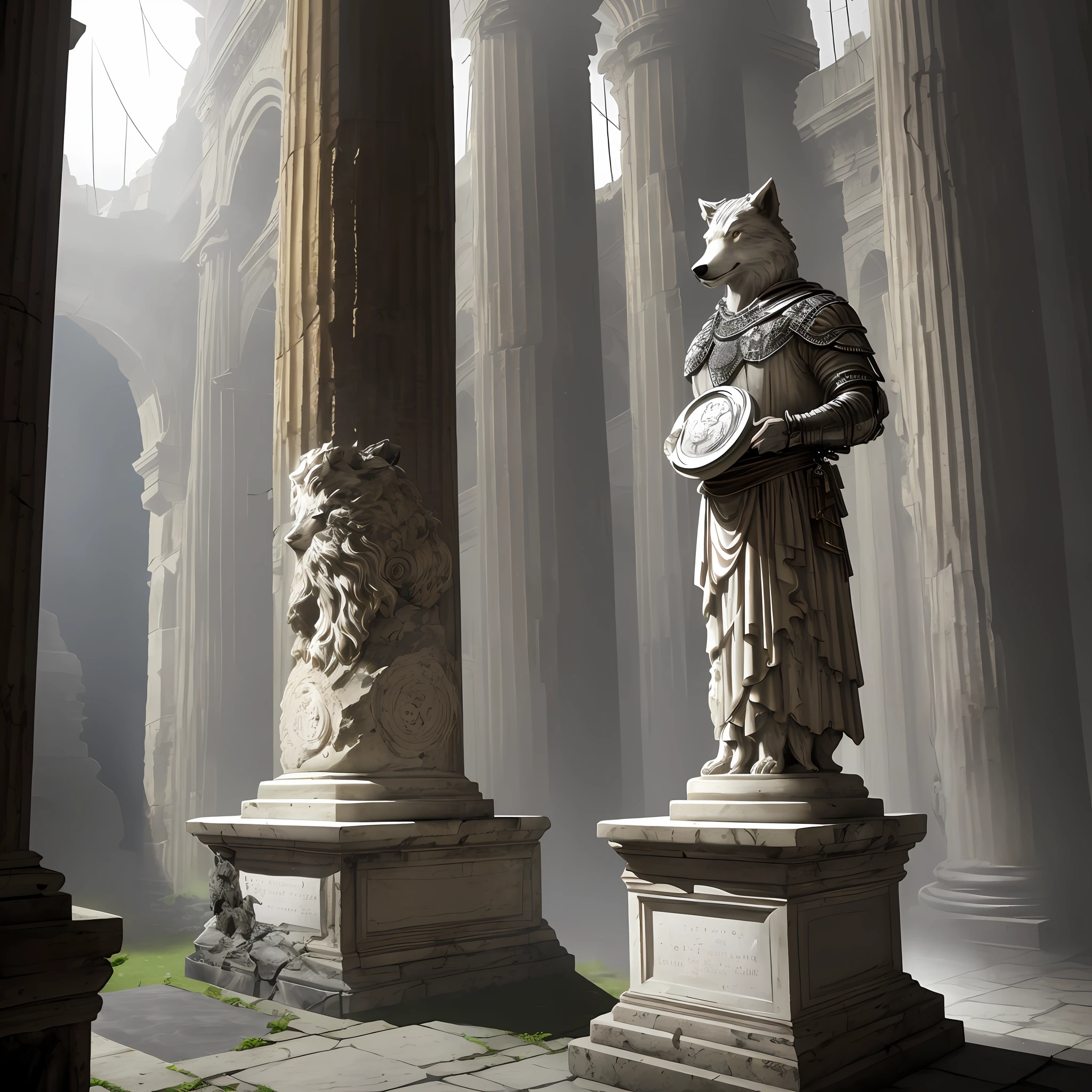 Focus on a single ((crumbling)) marble (bust) statue of an anthropomorphic wolf ((wearing plate mail)), (((solo))), decaying roses at the base, broken, ((cracked)), urn, roman vase, moldy, illuminated by beam of sunlight, closed Colosseum chamber, dark atmosphere, shadows, dark, gloomy, decay, roman mythology, marble, pillars, cracked granite, dust, (rubble)