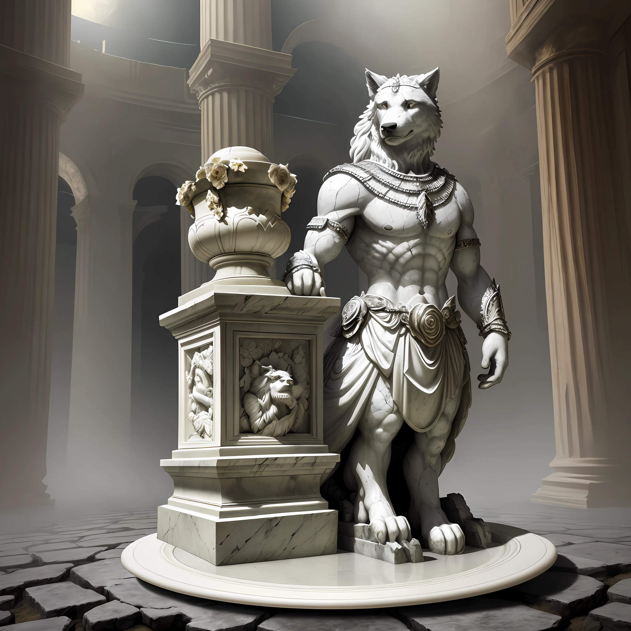 hyper-realistic photo, Focus on a single ((cracked)) marble (bust) statue of an anthropomorphic wolf ((wearing plate mail)), (((solo))), crumbling, decaying roses at the base, broken, ((cracked)), urn, roman vase, moldy, illuminated by beam of sunlight, closed Colosseum chamber, dark atmosphere, shadows, dark, gloomy, decay, roman mythology, marble, pillars, cracked granite, dust, (rubble)