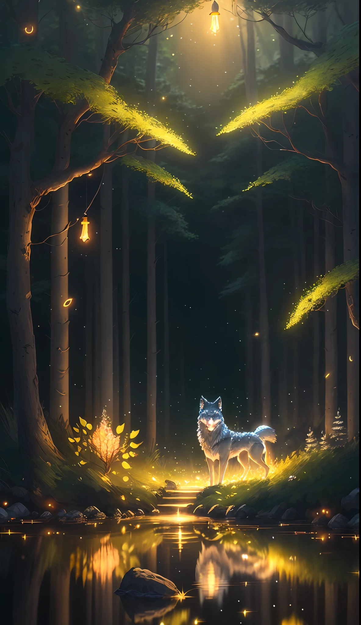 Masterpiece, best quality, (very detailed CG unity 8k wallpaper), (best quality), (best illustration), (best shadows), glow sprite, focus on a very large (glowing (wolf)) crossing a shallow creek, Drinking water, natural elements in the forest theme. Mysterious forest, beautiful forest, nature, surrounded by flowers, delicate leaves and branches surrounded by fireflies (natural elements), (jungle theme), (leaves), (twigs), (fireflies), (particle effects) etc. 3D , Octane rendering, ray tracing, super detailed