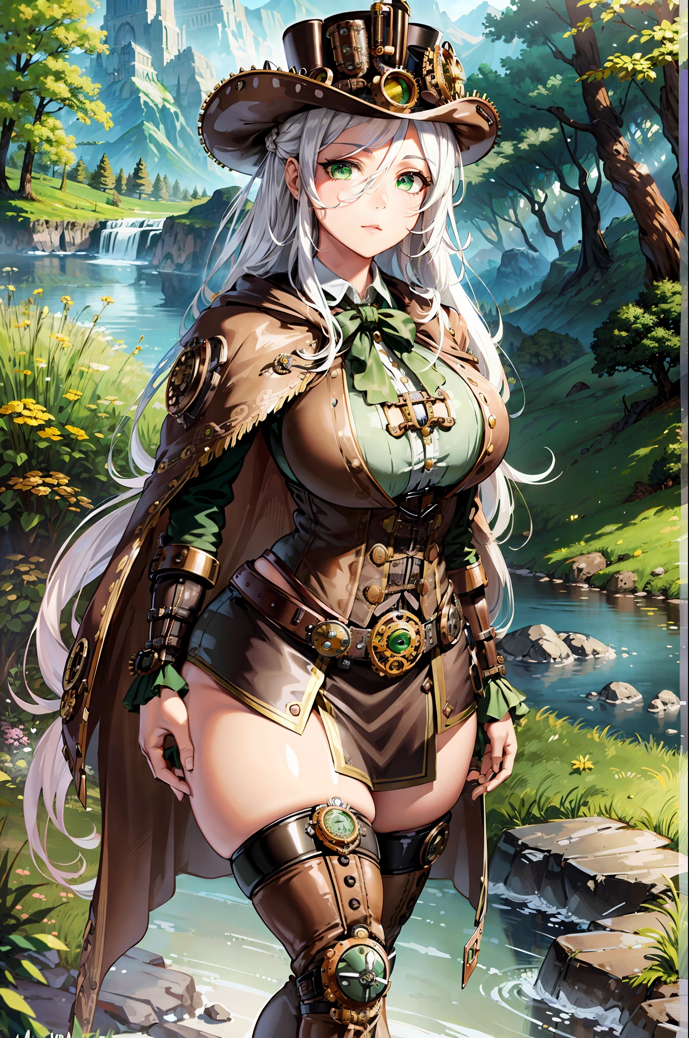 ((((steampunk style)))) ,(Best Quality, Masterpiece:1.4), (Realism:1.2), (Realisitc:1.2), (Absurdres:1.2), 4K, Detailed, Ultra-Detailed, Digital Art, Detailed Face, (Hyper-Detailed Eyes:1.2), (Ornate:1.2),
(Nature:1.2), (Forest:1.4), (Mountains:1.2), Rocks, Rock, River, (Wooden Bridge:1.2),
(Solo:1.4), 1Girl, (Standing:1.2), ((((steampunk style))))
(White Hair:1.2), Long Hair, (Sidelocks:1.2),
(Green Eyes:1.4),
(Curvy:1.4), Large Breasts, Thick Thighs,
Brown Knee Boots, (Brown Skirt:1.2), (Brown Cloak:1.2), (Brown Thighhighs:1.4), Green Shirt, Green Corset, Black Belt, (Framed Breasts:1.2),