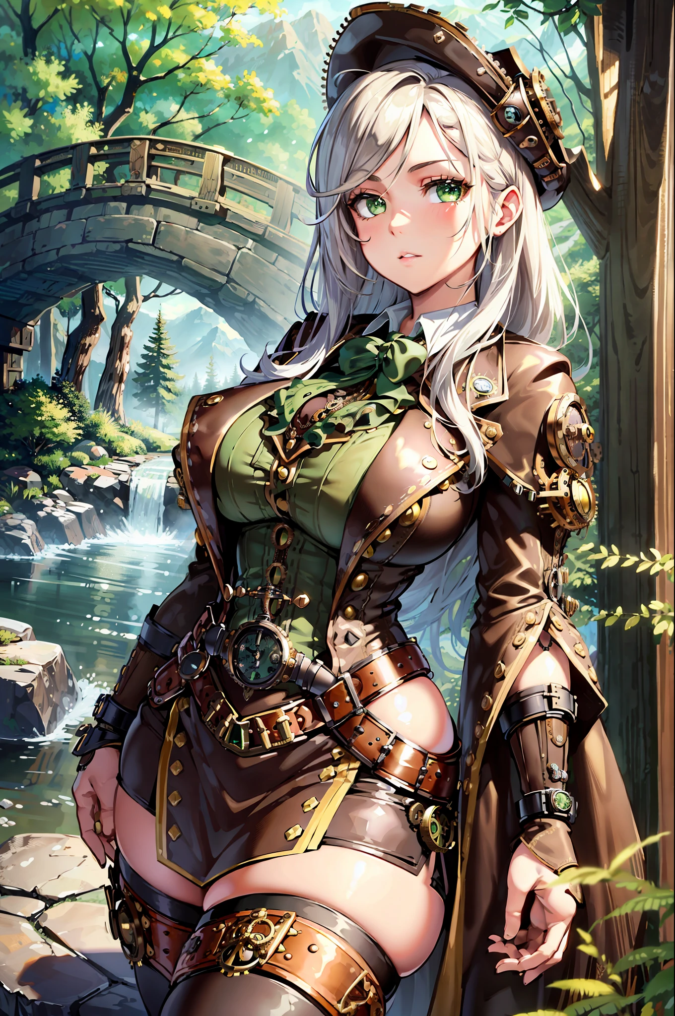 ((((steampunk style)))) ,(Best Quality, Masterpiece:1.4), (Realism:1.2), (Realisitc:1.2), (Absurdres:1.2), 4K, Detailed, Ultra-Detailed, Digital Art, Detailed Face, (Hyper-Detailed Eyes:1.2), (Ornate:1.2),
(Nature:1.2), (Forest:1.4), (Mountains:1.2), Rocks, Rock, River, (Wooden Bridge:1.2),
(Solo:1.4), 1Girl, (Standing:1.2), ((((steampunk style))))
(White Hair:1.2), Long Hair, (Sidelocks:1.2),
(Green Eyes:1.4),
(Curvy:1.4), Large Breasts, Thick Thighs,
Brown Knee Boots, (Brown Skirt:1.2), (Brown Cloak:1.2), (Brown Thighhighs:1.4), Green Shirt, Green Corset, Black Belt, (Framed Breasts:1.2),