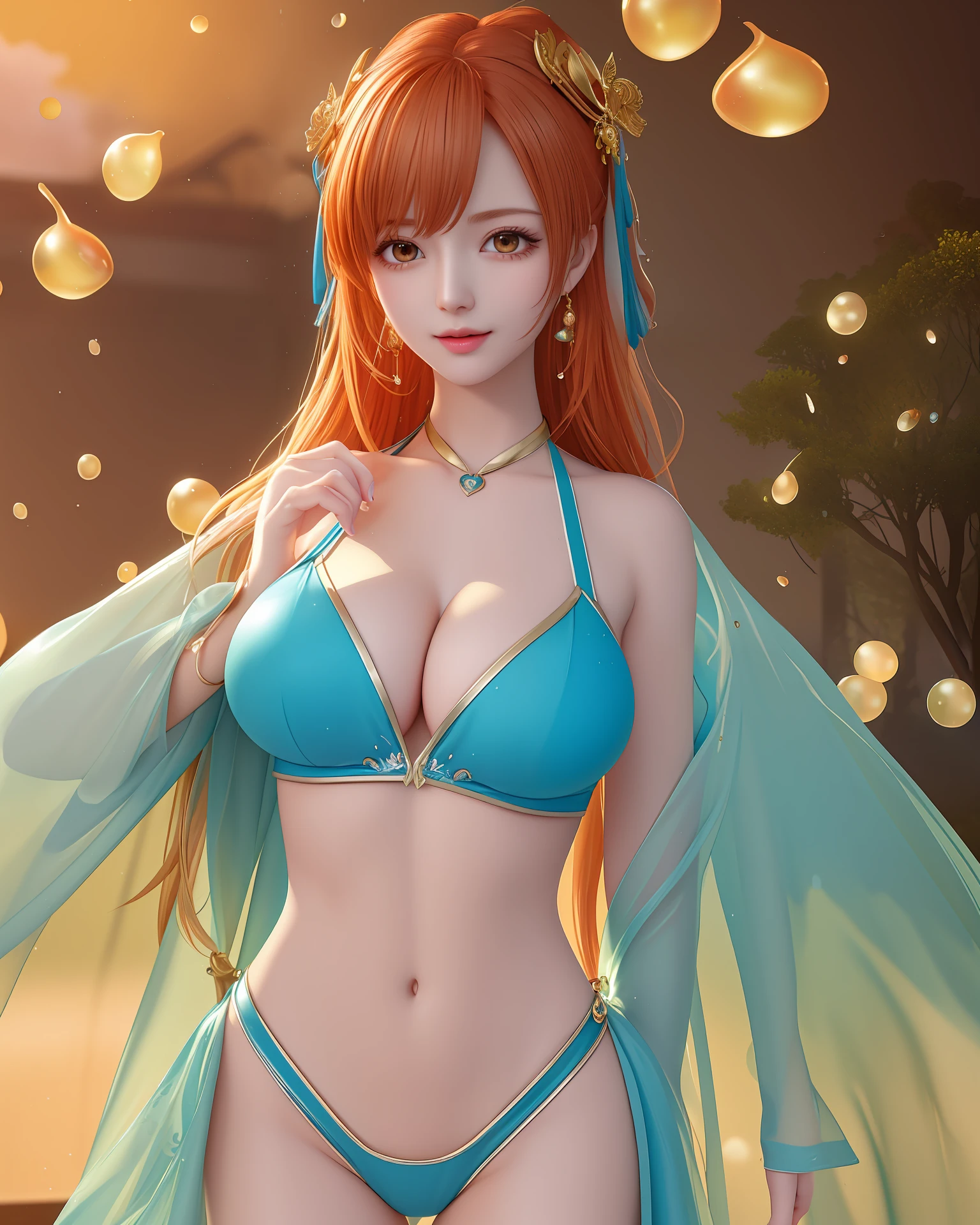 Nami, from one piece, (wearing a green transparent cloth cheongsam, cheongsam chest opening, the highest fabric material, fabric 8k performance, physics engine computing presentation):: 1.96. (high quality, detailed CG art), (beautiful illumination and shadow, floating effect) (1 person) (hair shine, grown hair: 1.2 + orange hair: 1.6), when the skin between the chest and lower abdomen is moist, dripping water droplets and sweat slide down together, sexy and gorgeous, still photos convey dynamic effects. (extremely detailed, finely crafted, highest image quality, strong specular reflection in the bikini, clear latex texture) The woman is beautiful, extremely sexy, beautiful and moving, full of allure, and the transparent texture of the leggings is just right, which is eye-catching. ((NSFW,low saturation)) ((oily skin)),((droplets of water on the skin)),((erotic)):1.6。 Body moist and shiny, body moist and shiny, body moist and shiny, bigger breasts, bigger ass. ((masterpiece)), best quality, ultra-detailed, highly realistic, wet all over, bathed in rain, every bead of sweat is clearly visible. (Masterpiece:1.6), (best quality:1.5), ultra highres,1girl, extremely detailed,8k, beautiful, detailed eyes, looking at viewer, strong dark colors, (depth of field), (dynamic), (epic), Sharp focus, (intricate details: 1.86), full color, nano \ (one piece), bangs, bare shoulders, belt, gold striped transparent heart nipple sticker, blue sky, bracelet, breasts, (orange eyes: 1.72), bubbles, cleavage, clouds, day, earrings, flowing hair, blue transparent heart nipple patch, groin, pronounced vest line, jewelry, big breasts, log pose, long hair, navel, orange hair, transparent latex pants, shoulder tattoo, collarbone pronounced, sky, smile, single, standing, abdomen lewd lines, Upper body only breast patches, tattoos, pirate ships, (one piece), (strong: 1.4), (full body)), body moist and shiny,-upscale - (100%)
