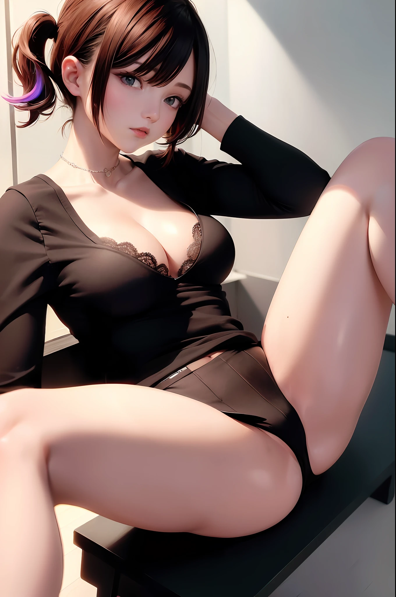 ((tomboy, small head, bra and miniskirt), ((big breasts)), (sitting with both knees))), white underwear, front, (short wavy hair: 1.2), reddish brown, collar, chain, full body, workout, (very detailed CG 8K wallpaper), (very delicate and beautiful), (best quality: 1.0), (ultra high definition: 1.0), beautiful lighting, Perfect lighting, realistic shadows, [High Resolution], detailed skins, super detailed ((colorful))