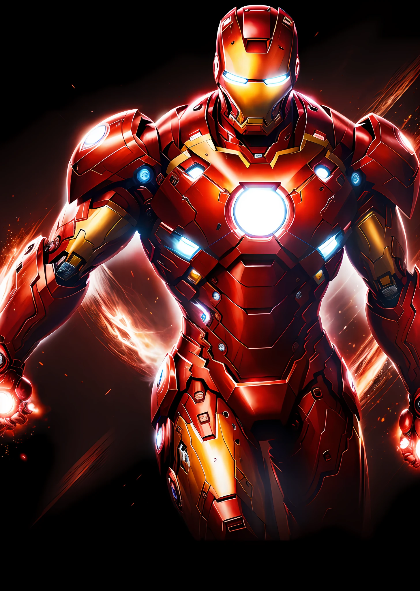 (high resolution, ultra-detailed, best quality) Iron Man poster, (dynamic pose, bold and confident expression), glowing energy aura around body, vibrant color palette.