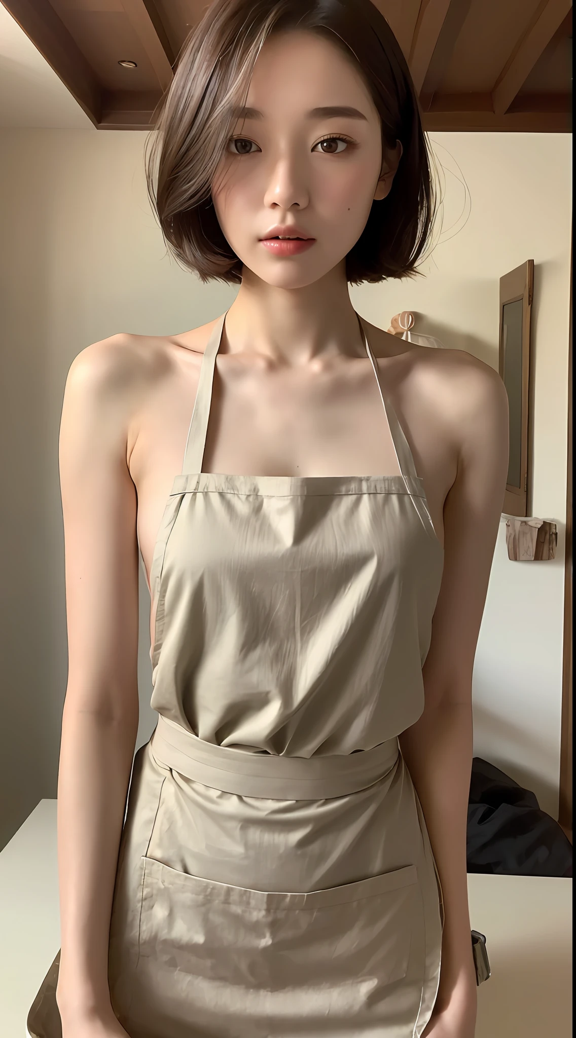 ((Top Quality, 8k, Masterpiece: 1.3)), 1 girl, Beauty with slender abs: 1.3, (Medium Short Hair, Big: 1.2), Naked Apron: 1.1, Ultra Detailed Face, Detailed Eyes, Double Eyelids, Big